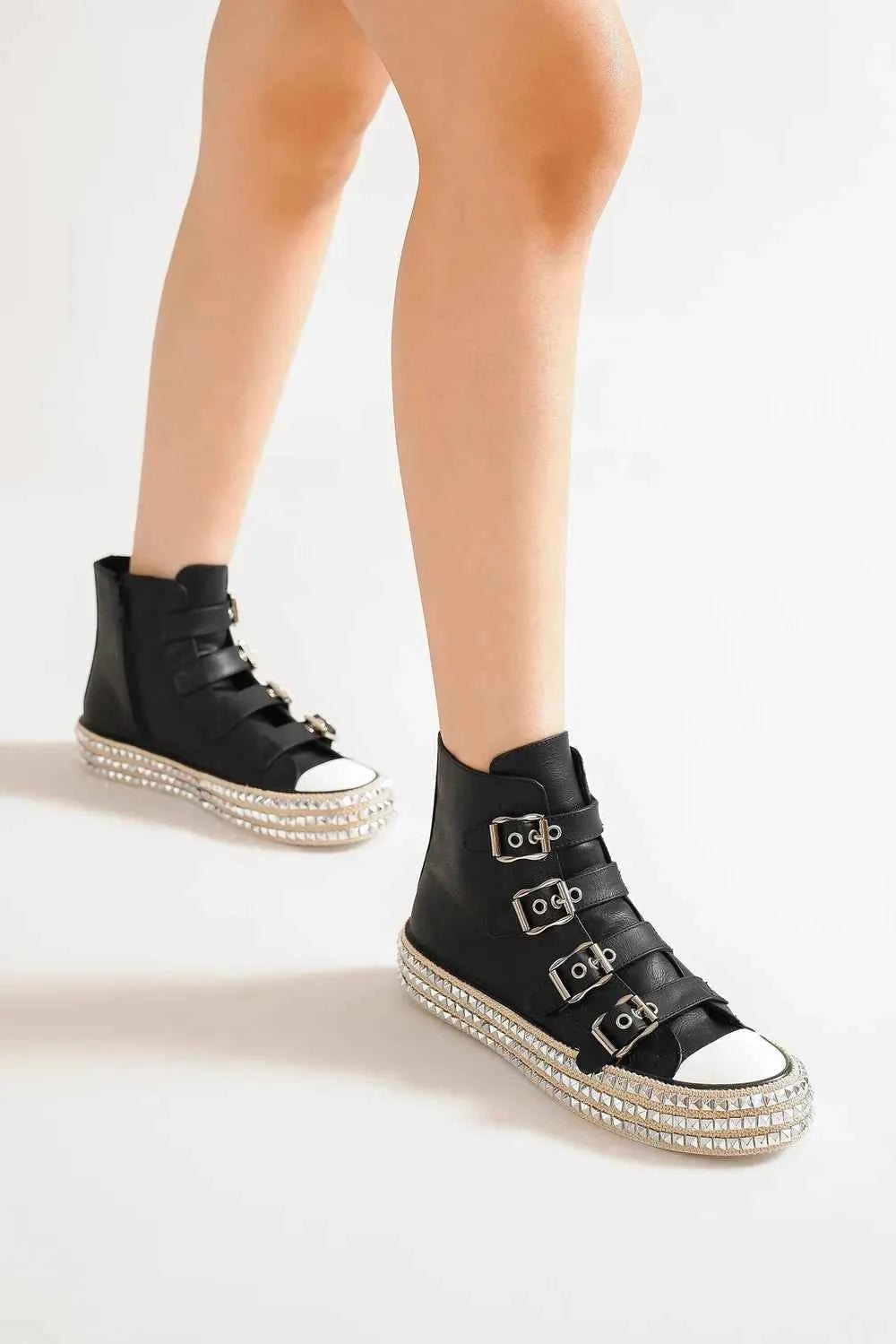 Beast Fashion Multi-Buckle Straps Studded Platform Sneakers - Liorienne
