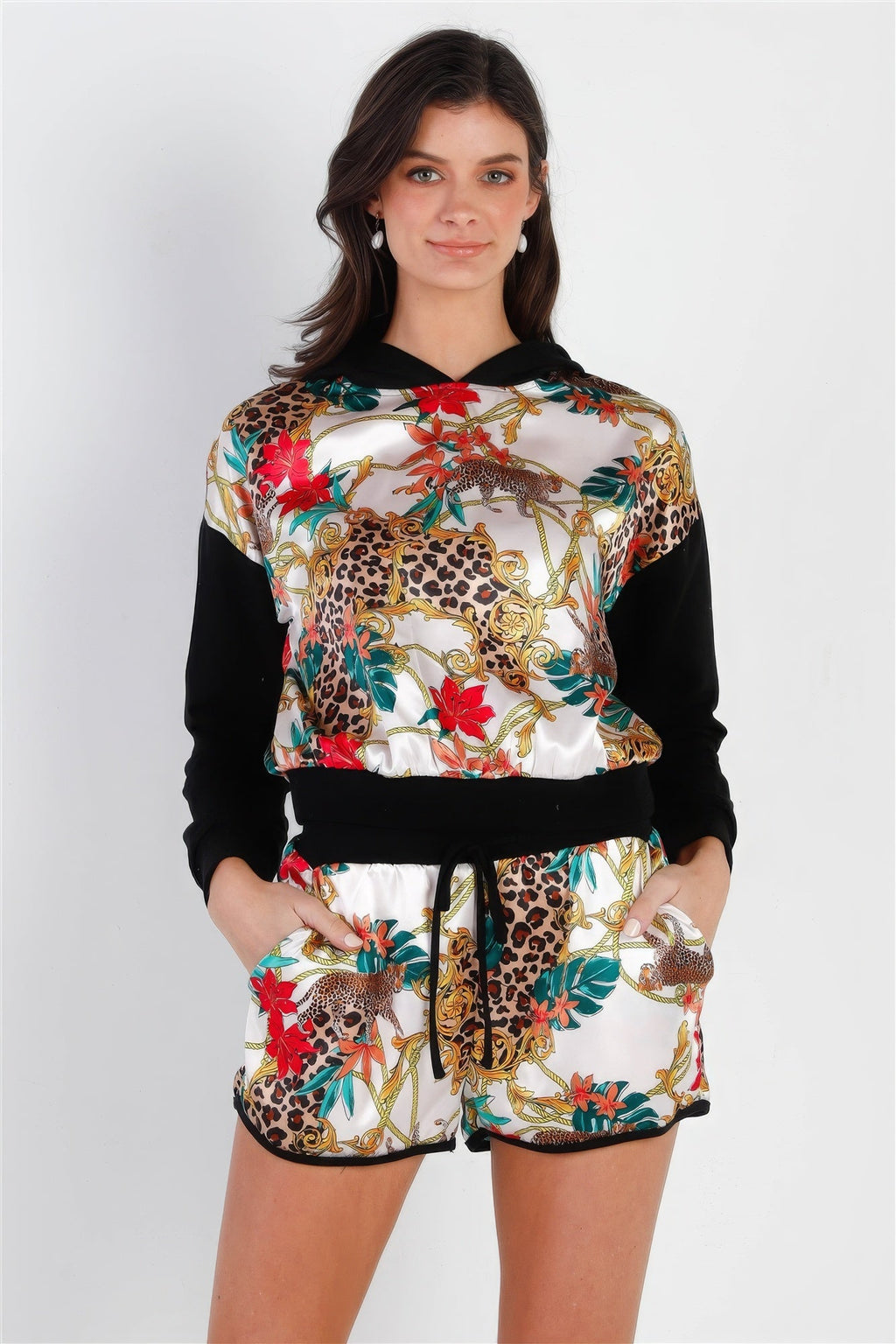 Black & Ivory Satin Effect Animal Print Hooded Top & Short Set - Liorienne