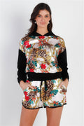 Black & Ivory Satin Effect Animal Print Hooded Top & Short Set - Liorienne