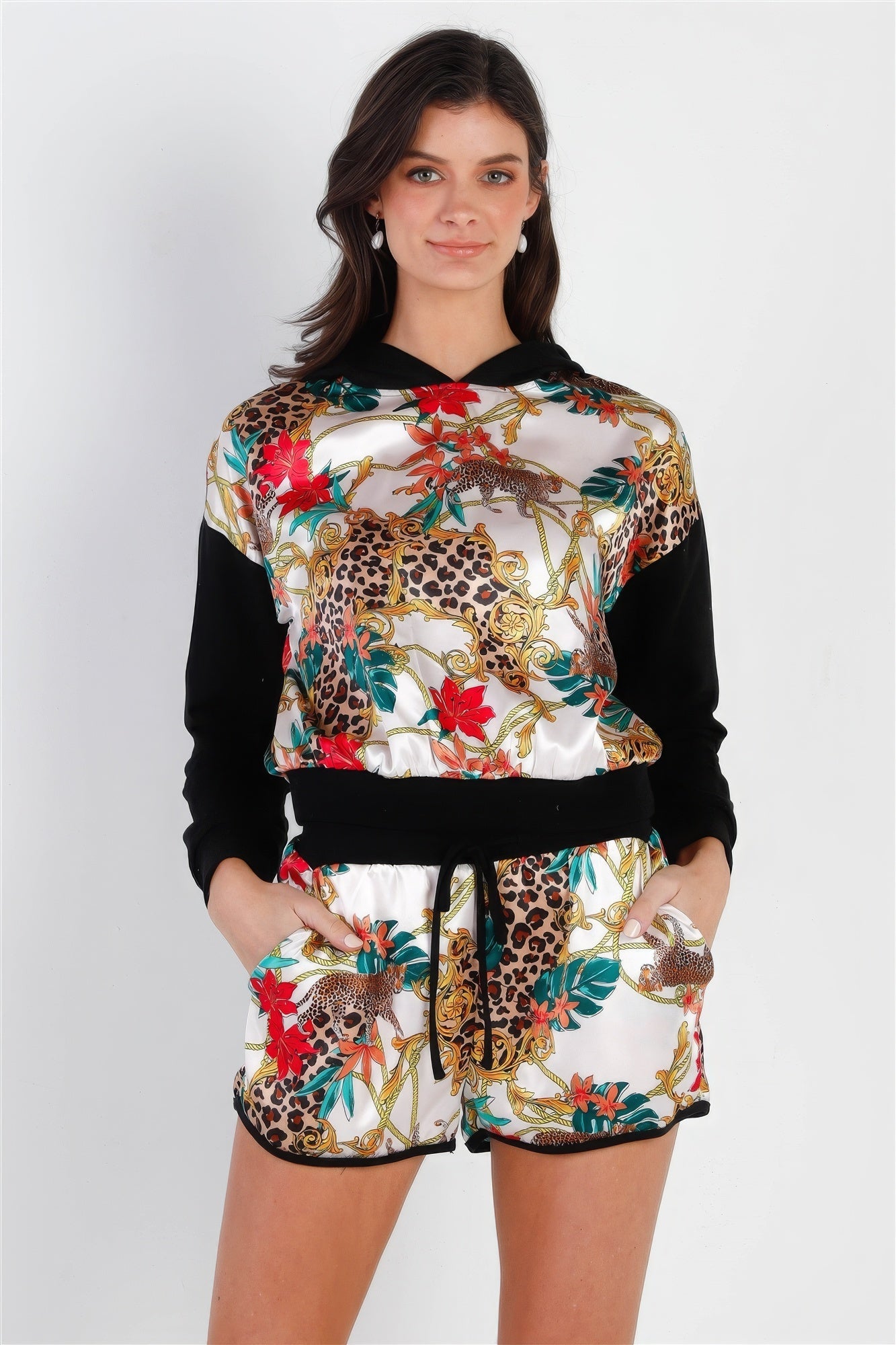 Black & Ivory Satin Effect Animal Print Hooded Top & Short Set - Liorienne