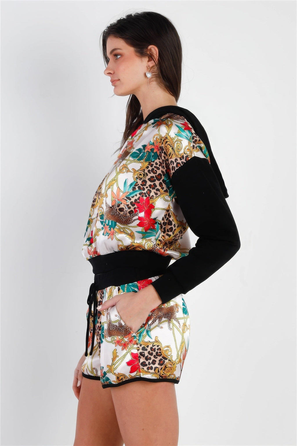 Black & Ivory Satin Effect Animal Print Hooded Top & Short Set - Liorienne