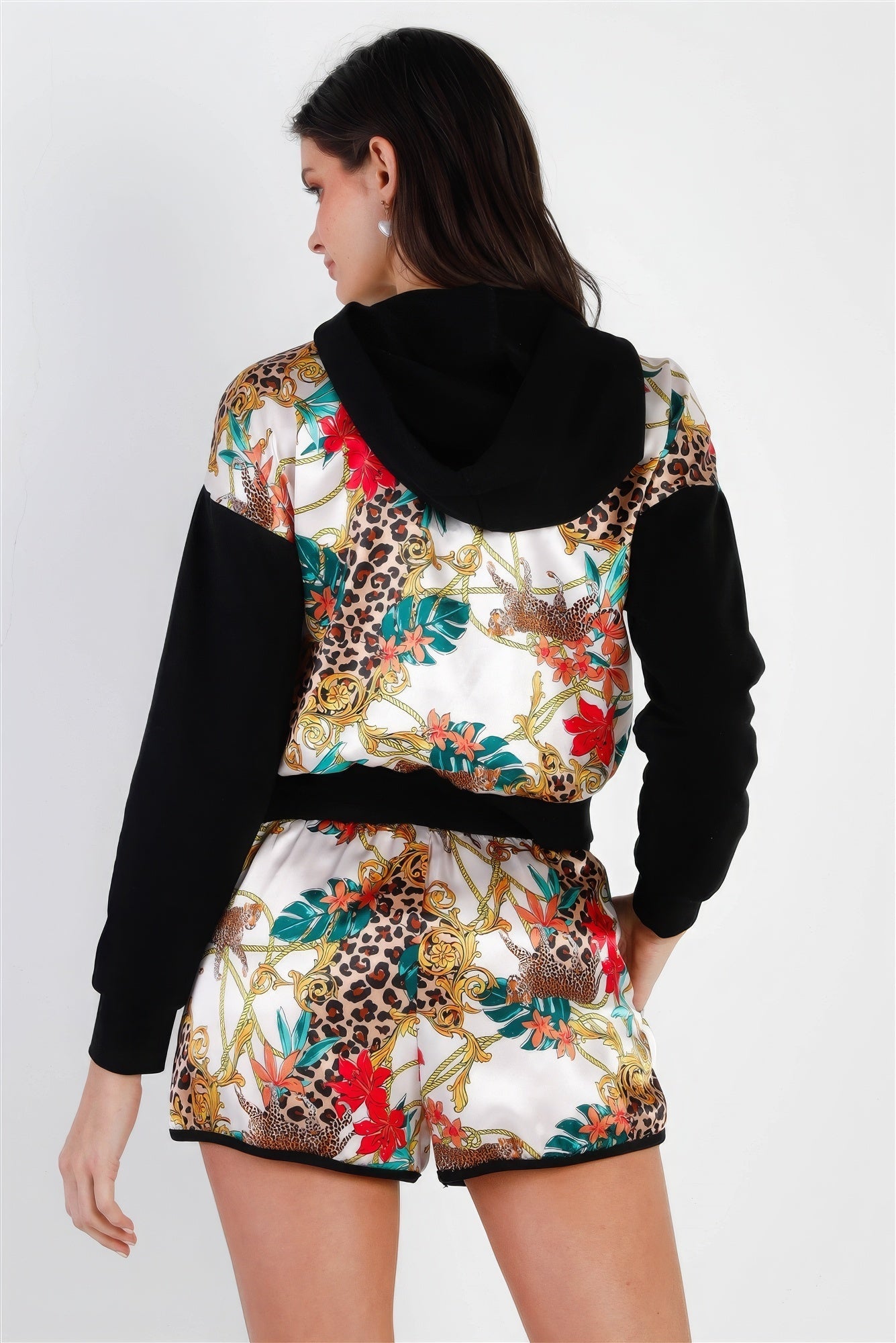 Black & Ivory Satin Effect Animal Print Hooded Top & Short Set - Liorienne