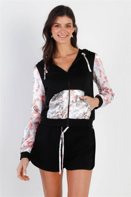 Black & Multi Color Print Colorblock Zip-up Hooded Top & Short Set - Excel Merchandise