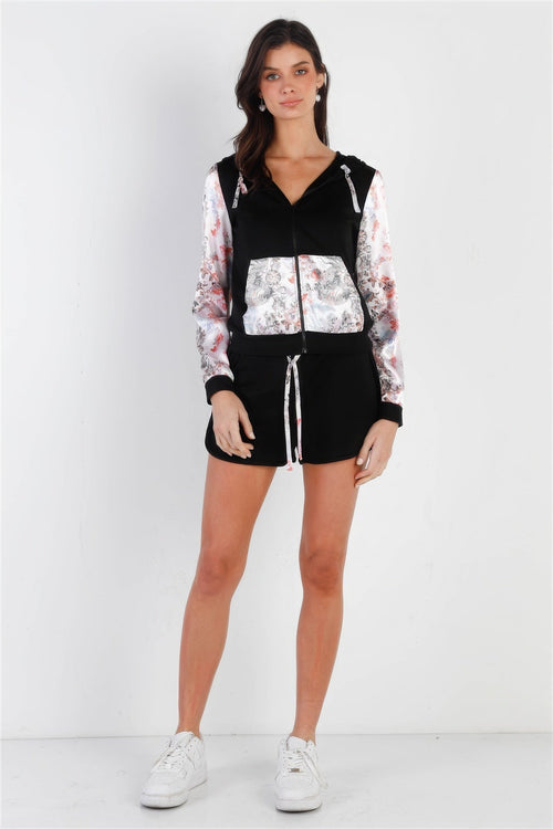 Black & Multi Color Print Colorblock Zip-up Hooded Top & Short Set - Excel Merchandise