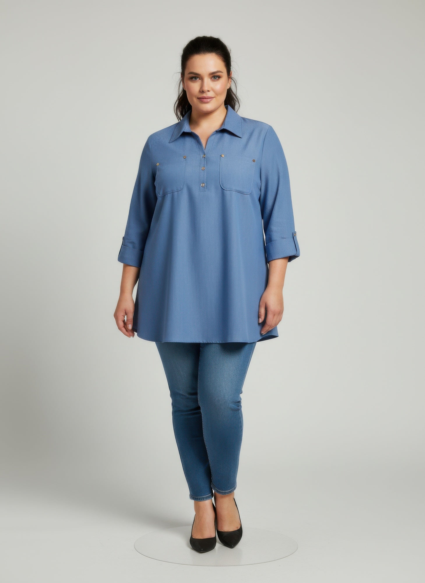 Blush Utility Button Front Roll Sleeve Blouse - Liorienne