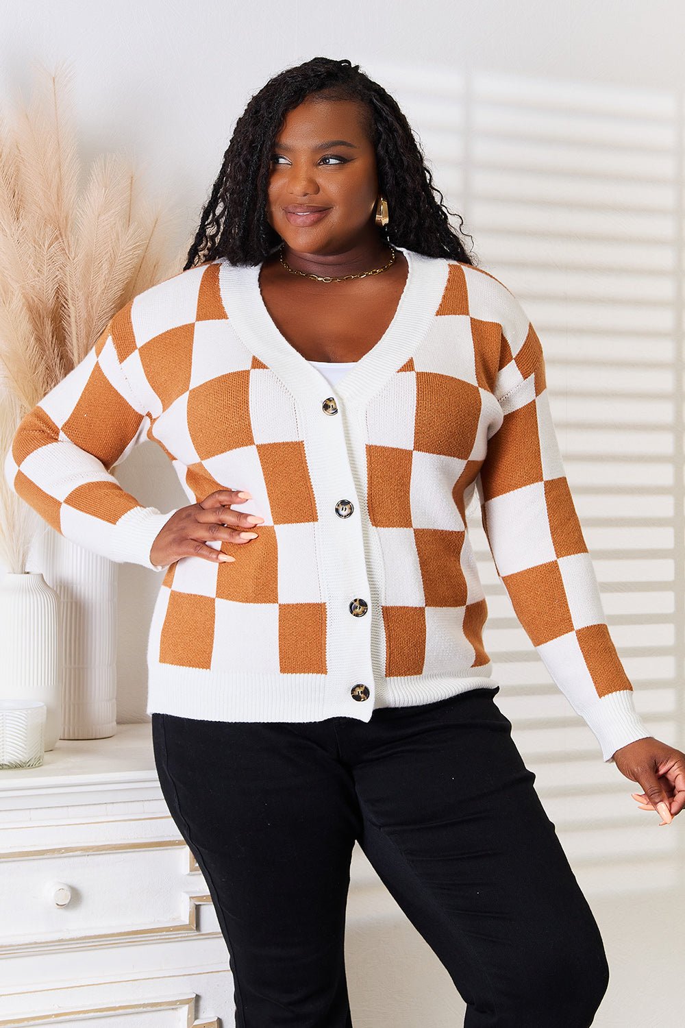 Button-Up V-Neck Dropped Shoulder Cardigan - Angel Wings - Liorienne