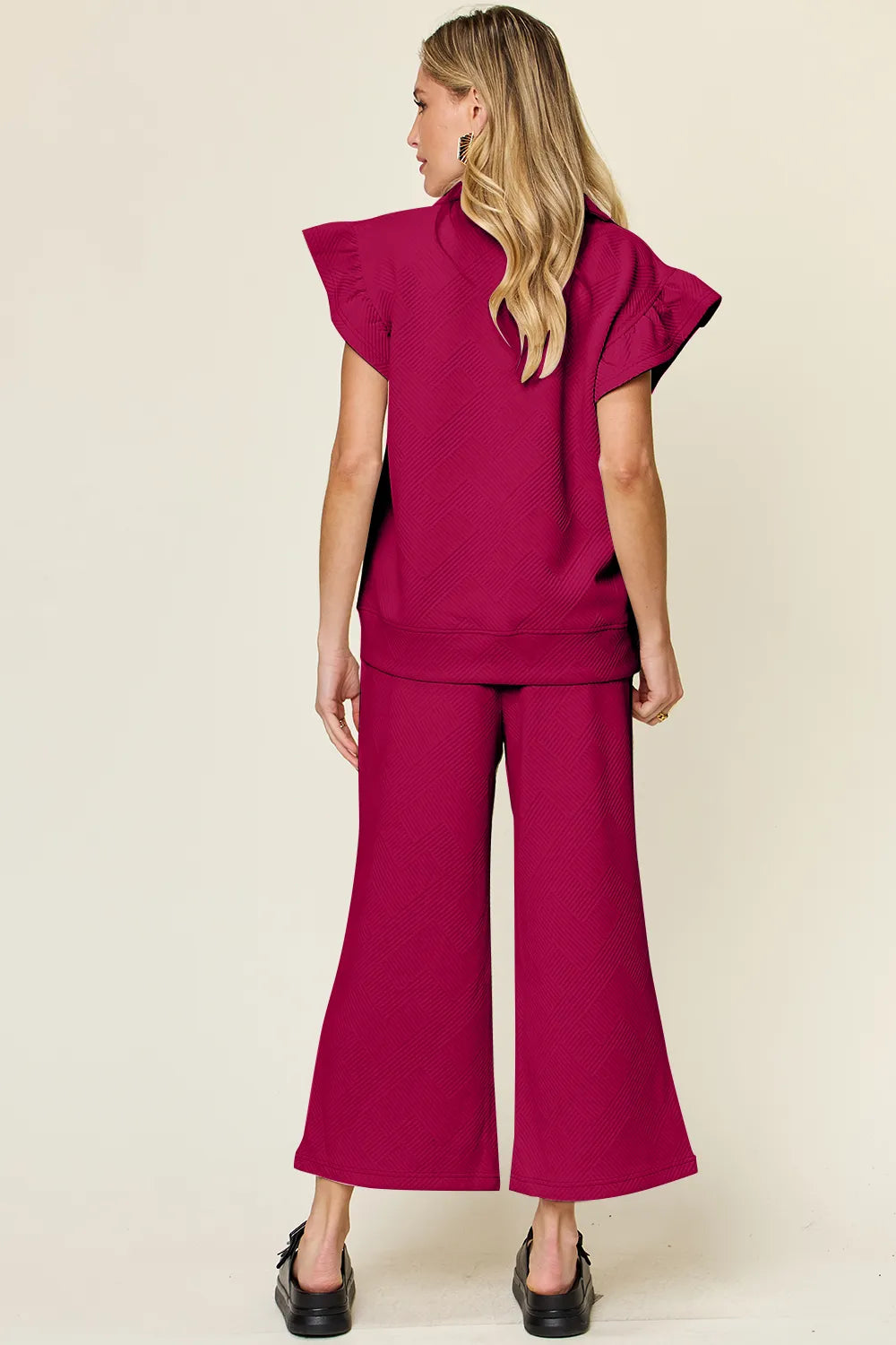 Texture Ruffle Top and Wide Leg Pants Set - Double Take