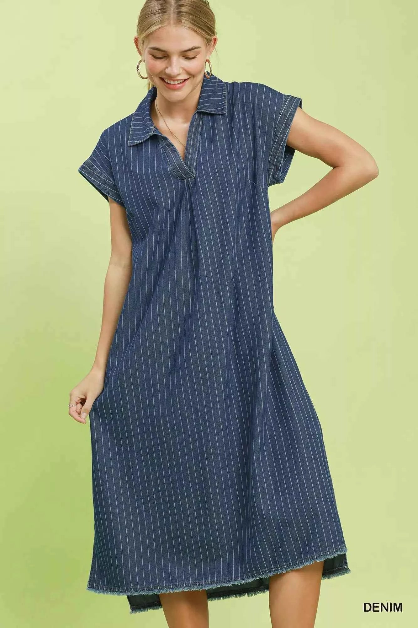 Umgee Pinstripe Denim Collared Midi Dress with Side Slits