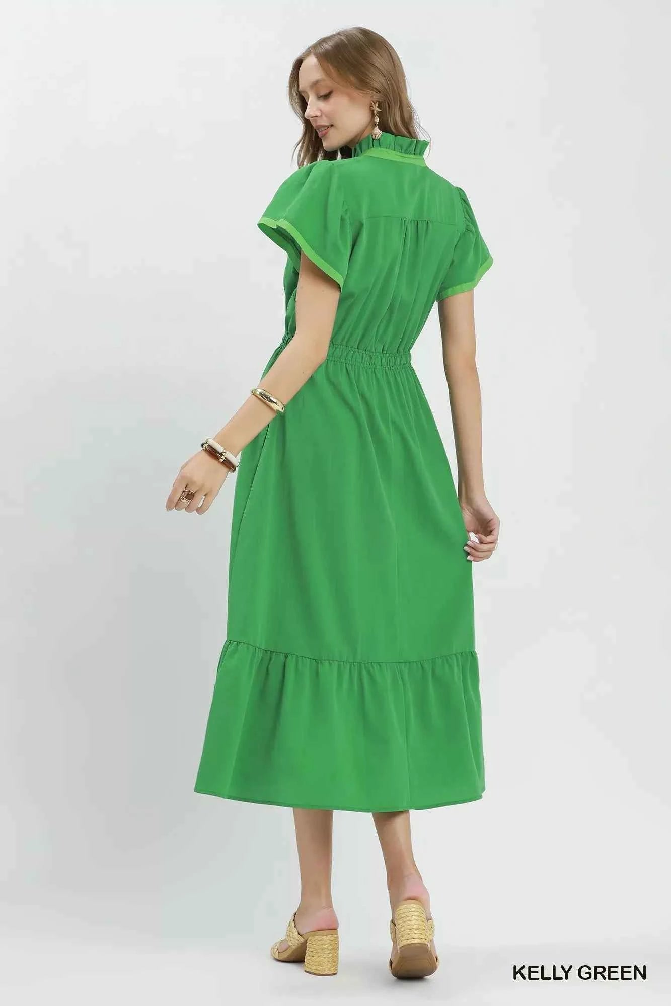 Contrast Trim Midi Dress with Tiered Ruffle Hem - Umgee - Liorienne