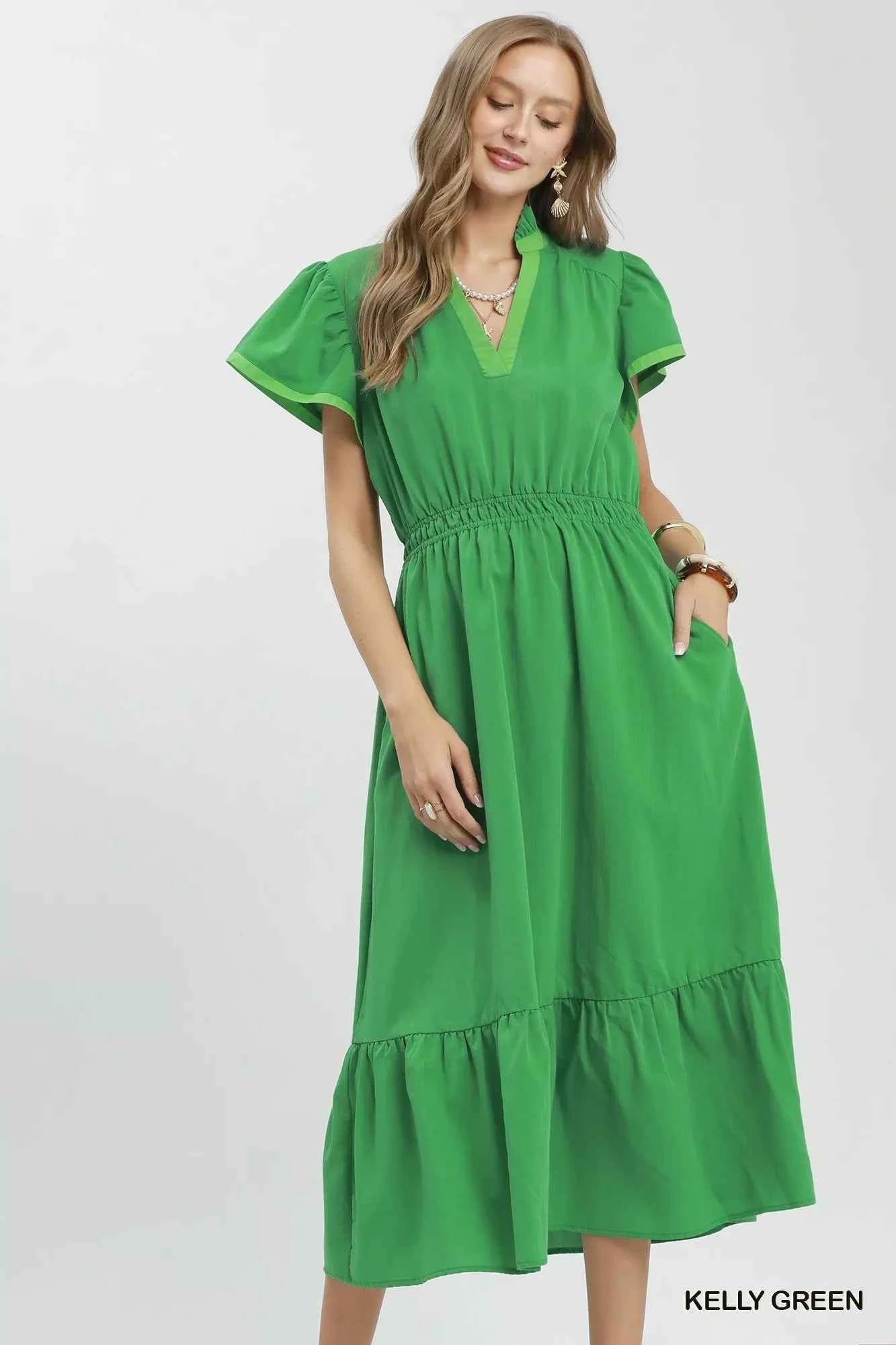 Contrast Trim Midi Dress with Tiered Ruffle Hem - Umgee - Liorienne