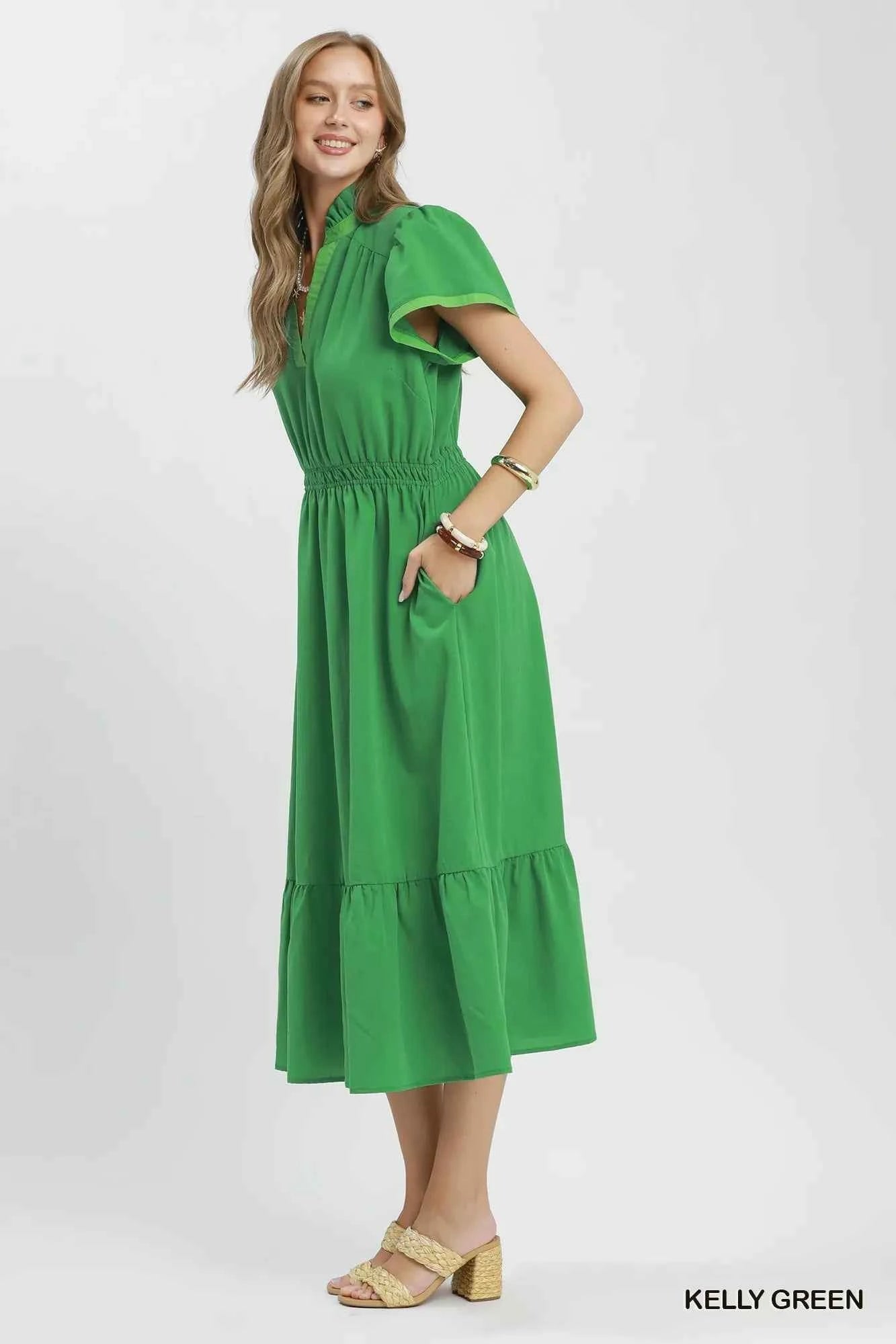 Contrast Trim Midi Dress with Tiered Ruffle Hem - Umgee - Liorienne