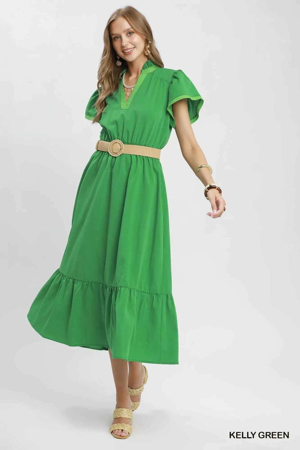 Contrast Trim Midi Dress with Tiered Ruffle Hem - Umgee - Liorienne