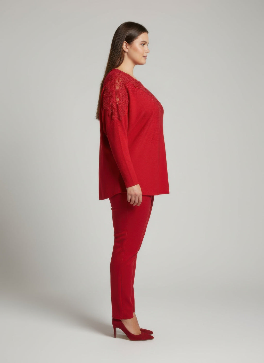 Crimson Lace Embellished Knit Tunic Top - Excel Merchandise