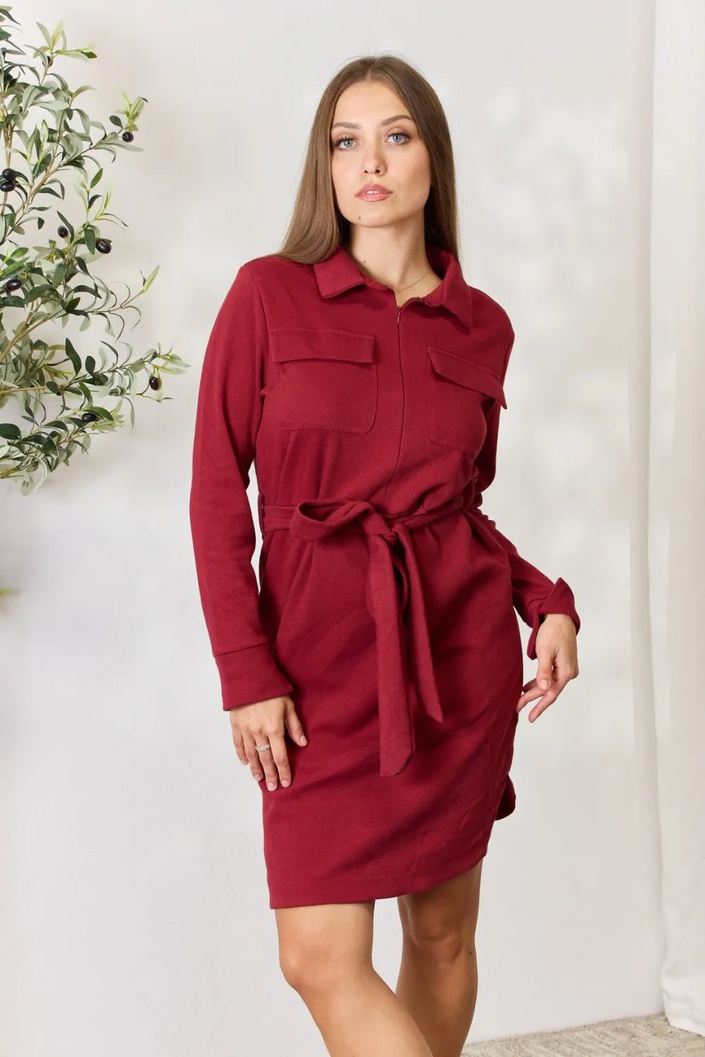 Culture Code Full Size Tie Front Half Zip Long Sleeve Shirt Dress - Liorienne