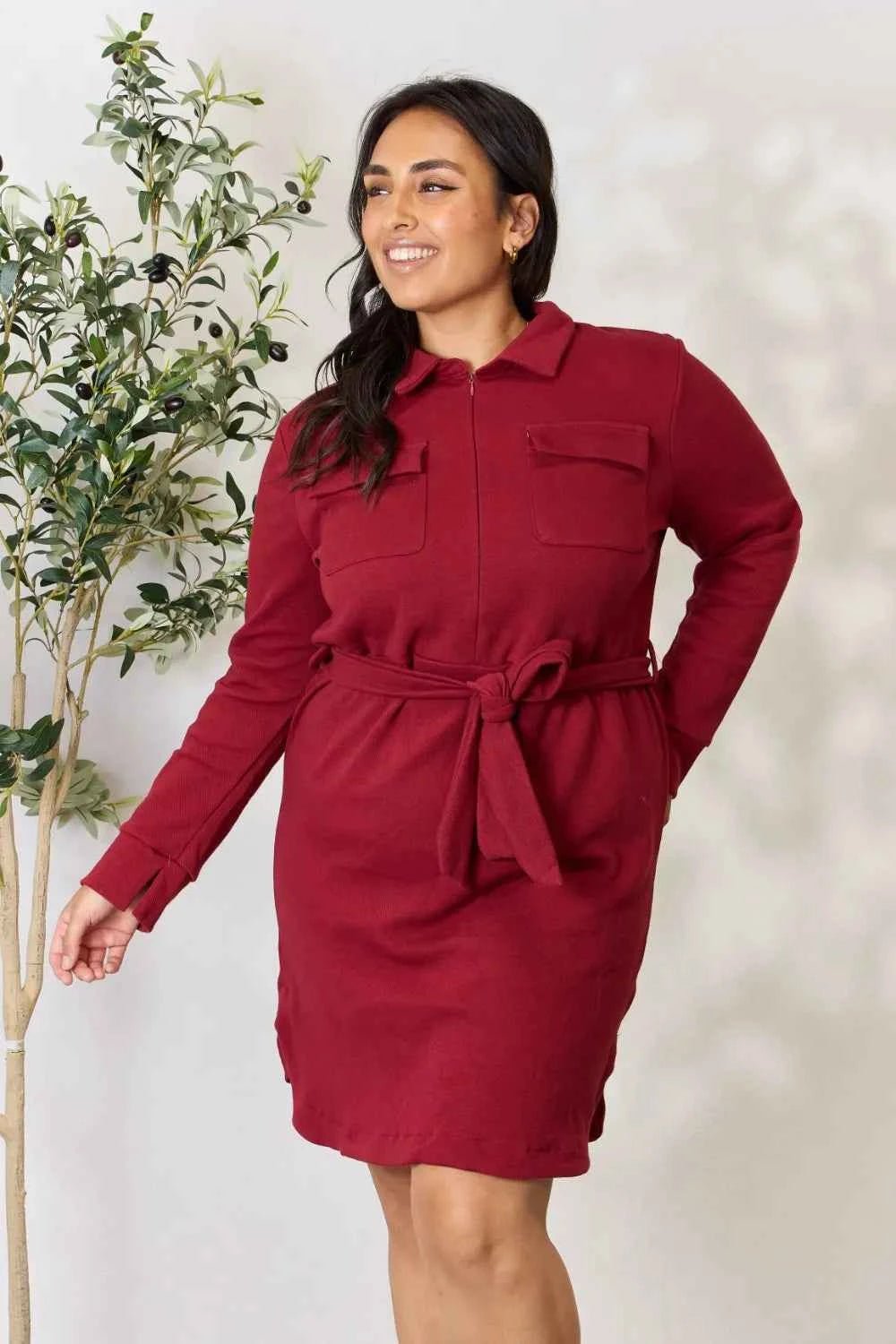 Culture Code Full Size Tie Front Half Zip Long Sleeve Shirt Dress - Liorienne