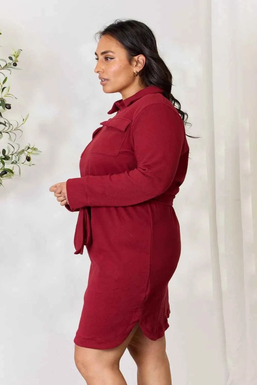 Culture Code Full Size Tie Front Half Zip Long Sleeve Shirt Dress - Liorienne