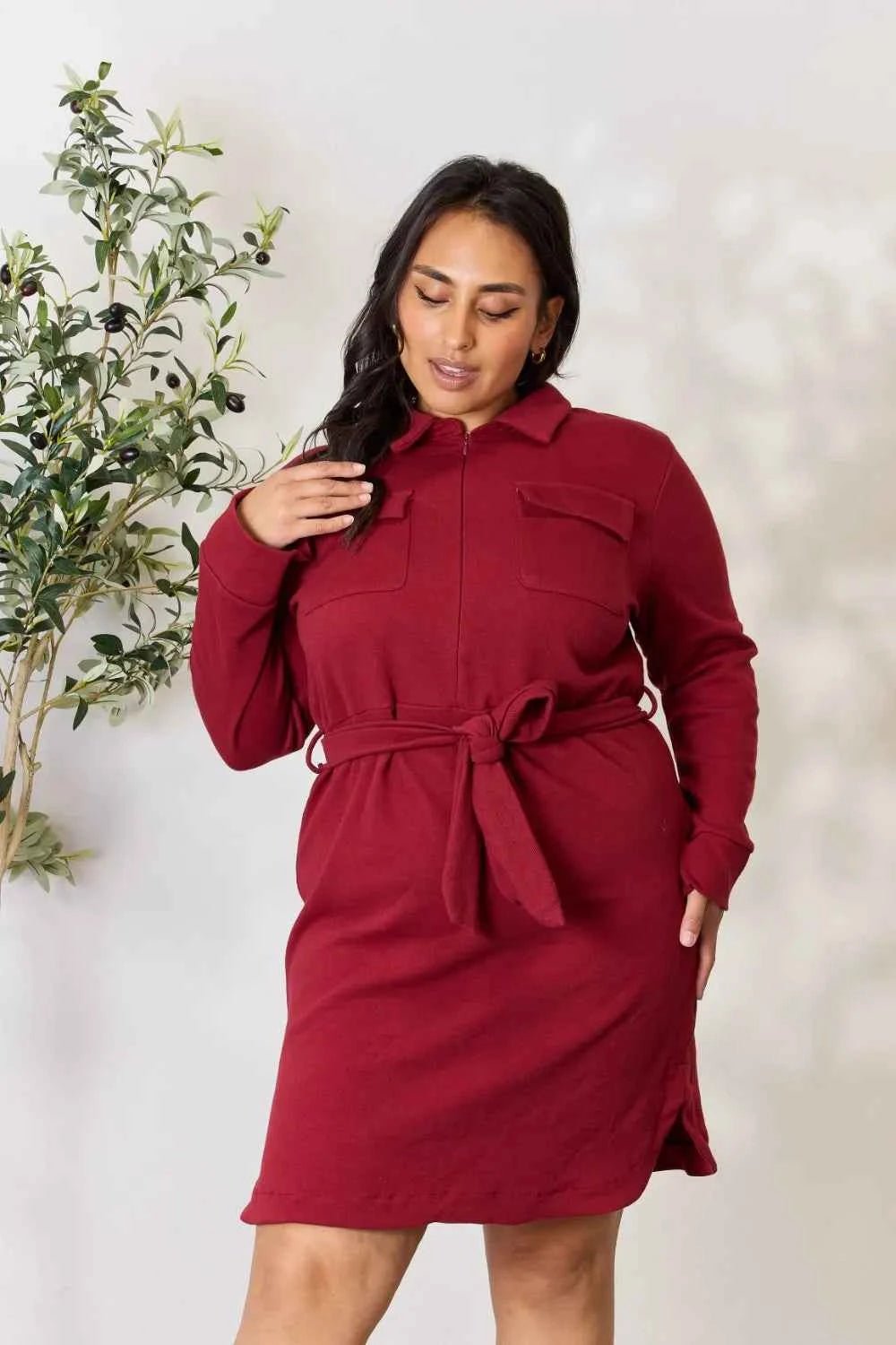 Culture Code Full Size Tie Front Half Zip Long Sleeve Shirt Dress - Liorienne