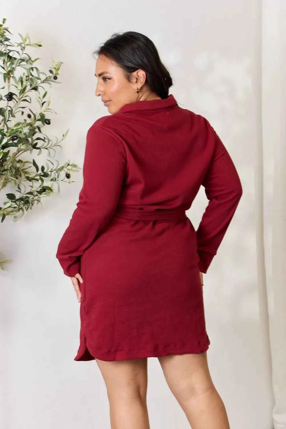 Culture Code Full Size Tie Front Half Zip Long Sleeve Shirt Dress - Liorienne