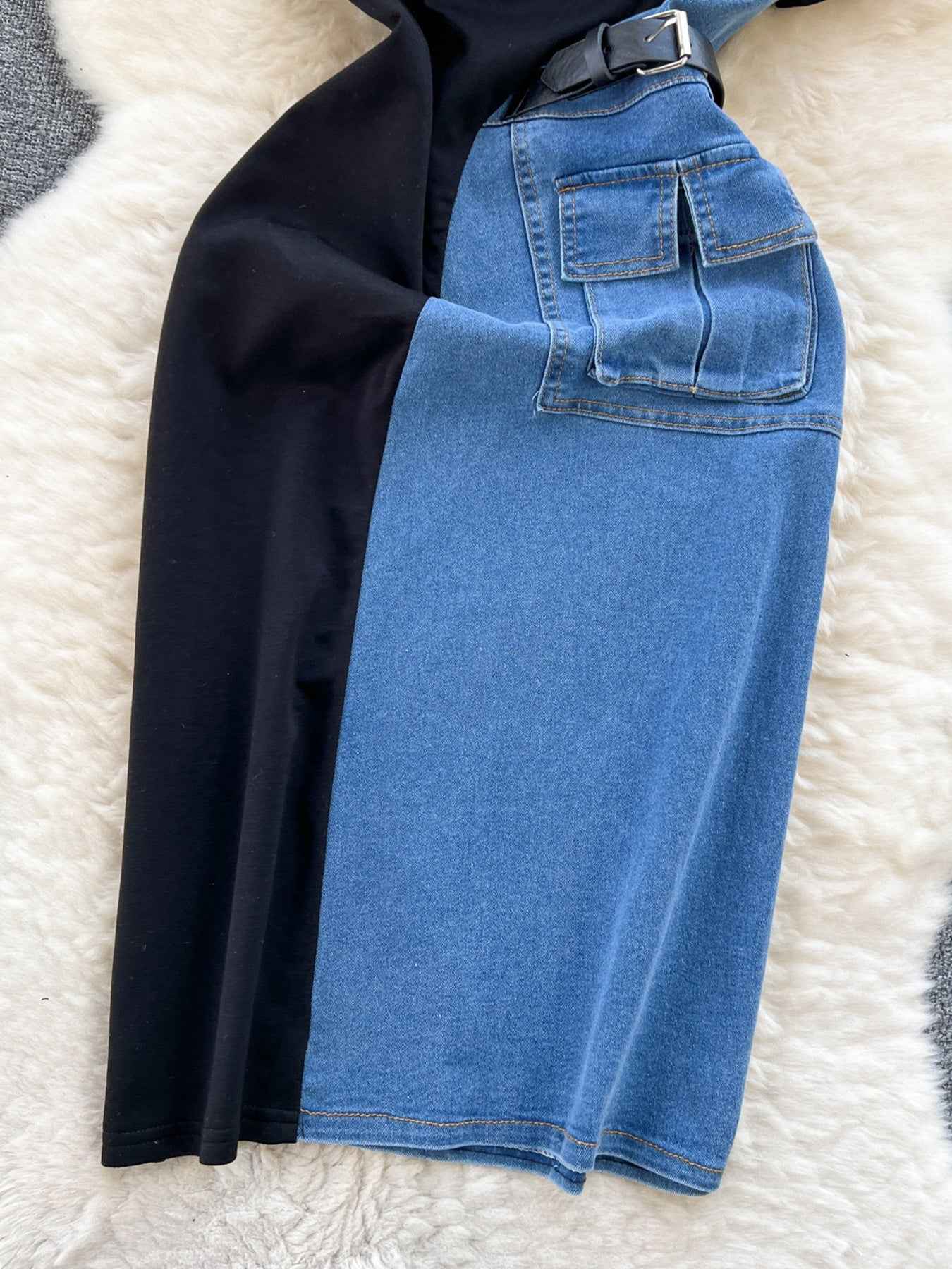Full Size Color Block Denim Patchwork Short Sleeve Midi Dress Plus Size