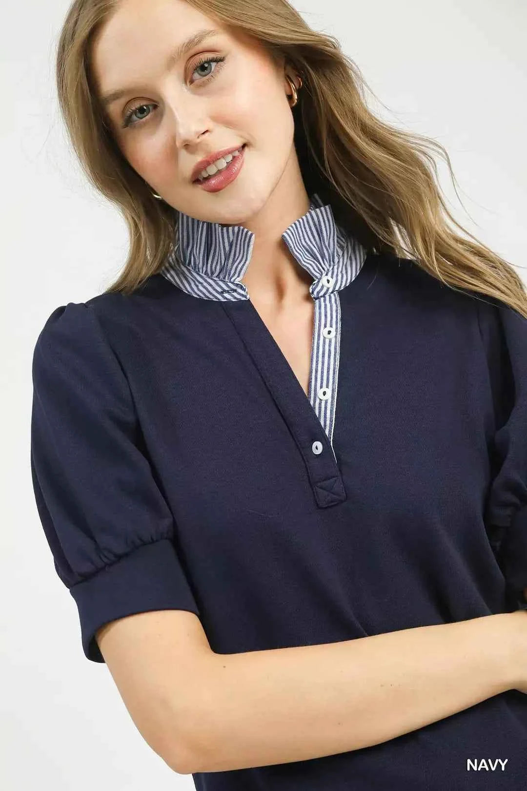 Umgee Striped Collar Popover Top