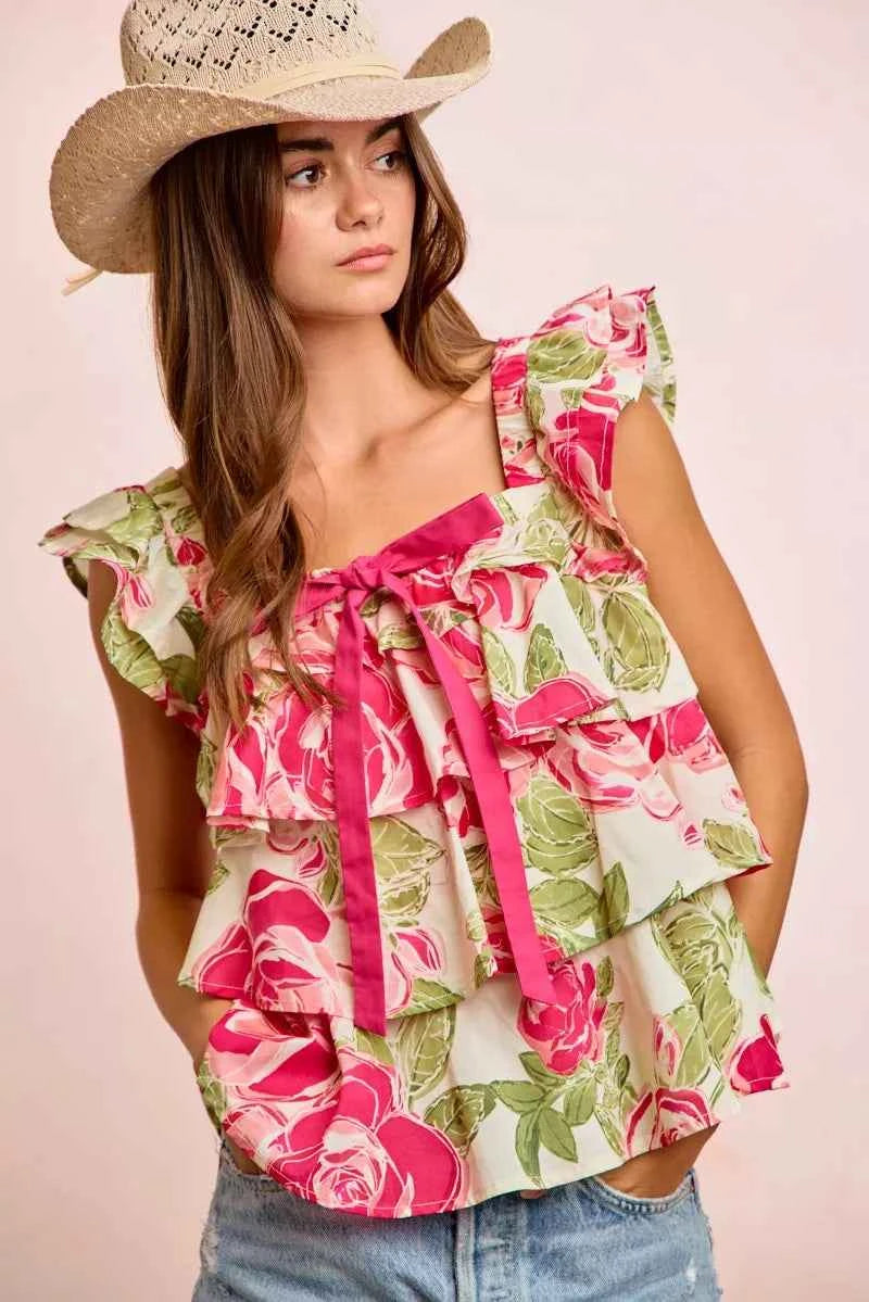 Floral Bow Tie Ruffle Square Neck Top - BiBi