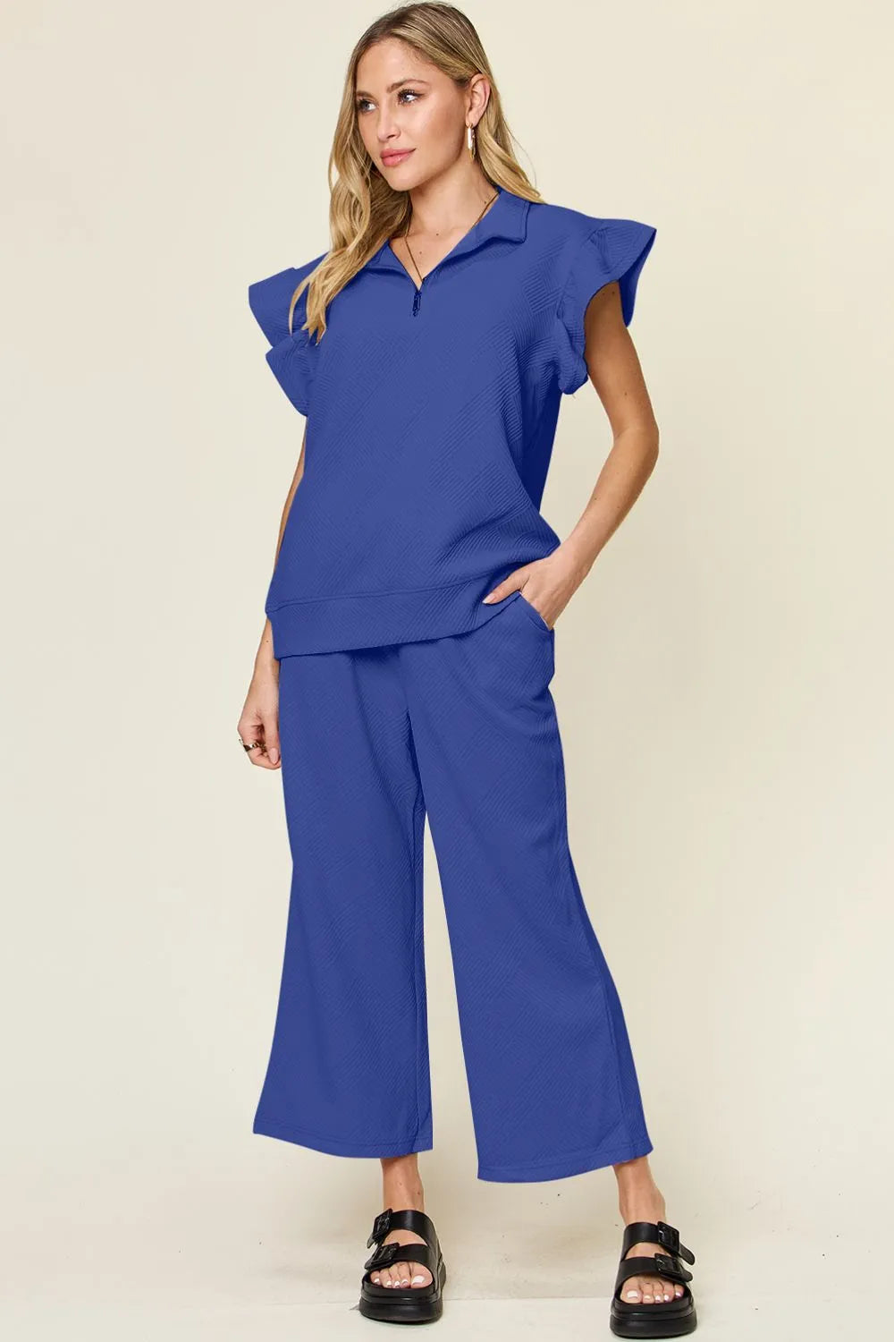Texture Ruffle Top and Wide Leg Pants Set - Double Take