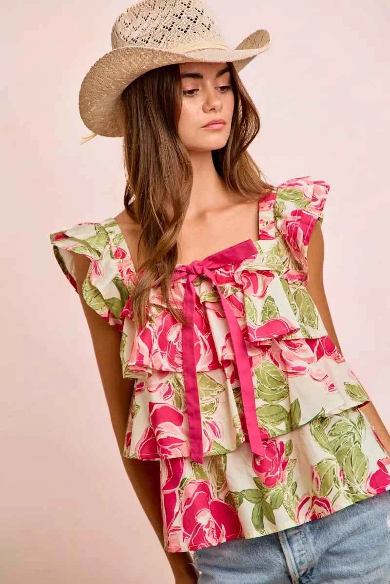 Floral Bow Tie Ruffle Square Neck Top - BiBi
