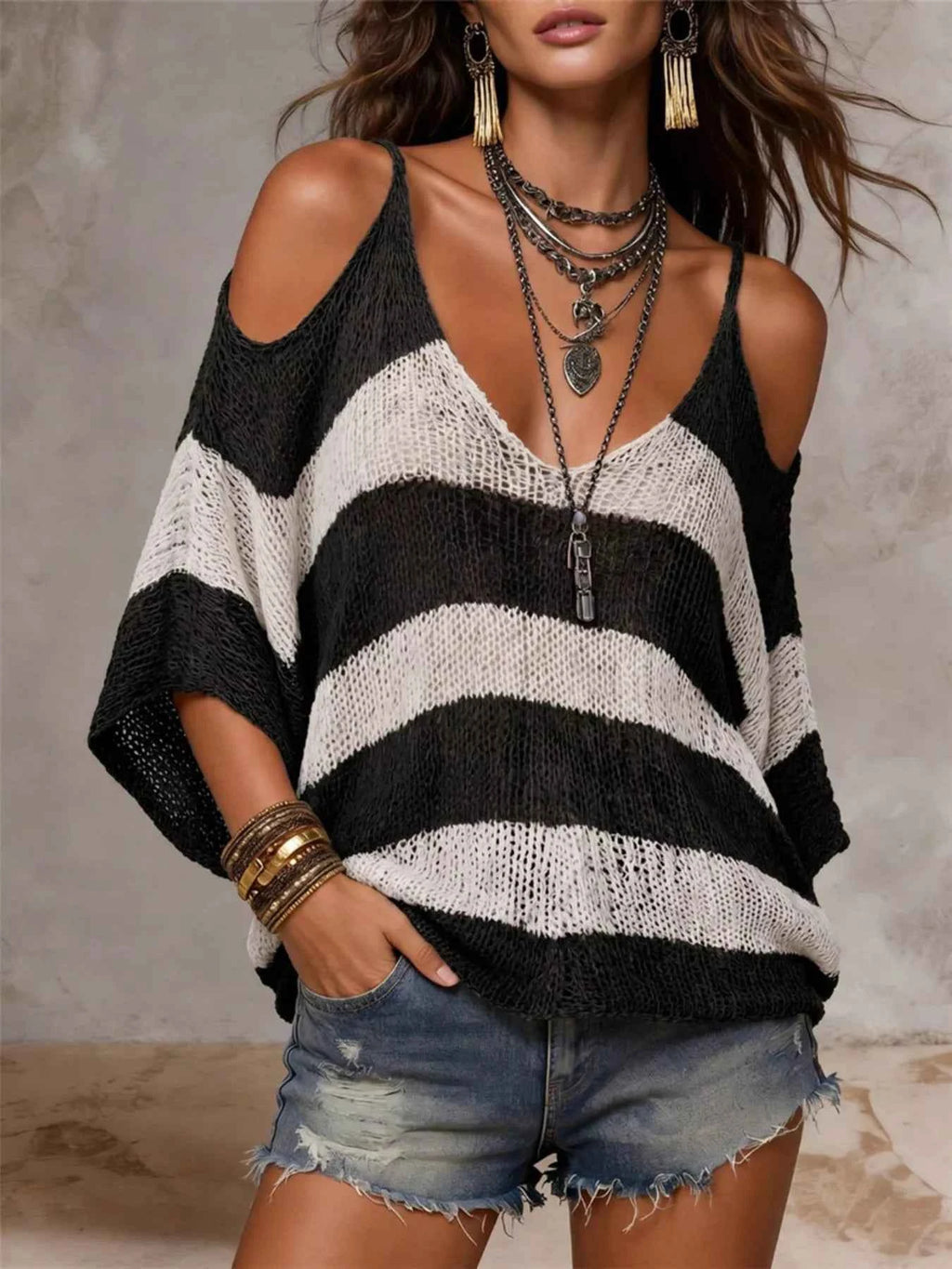 Striped Cold Shoulder Sweater