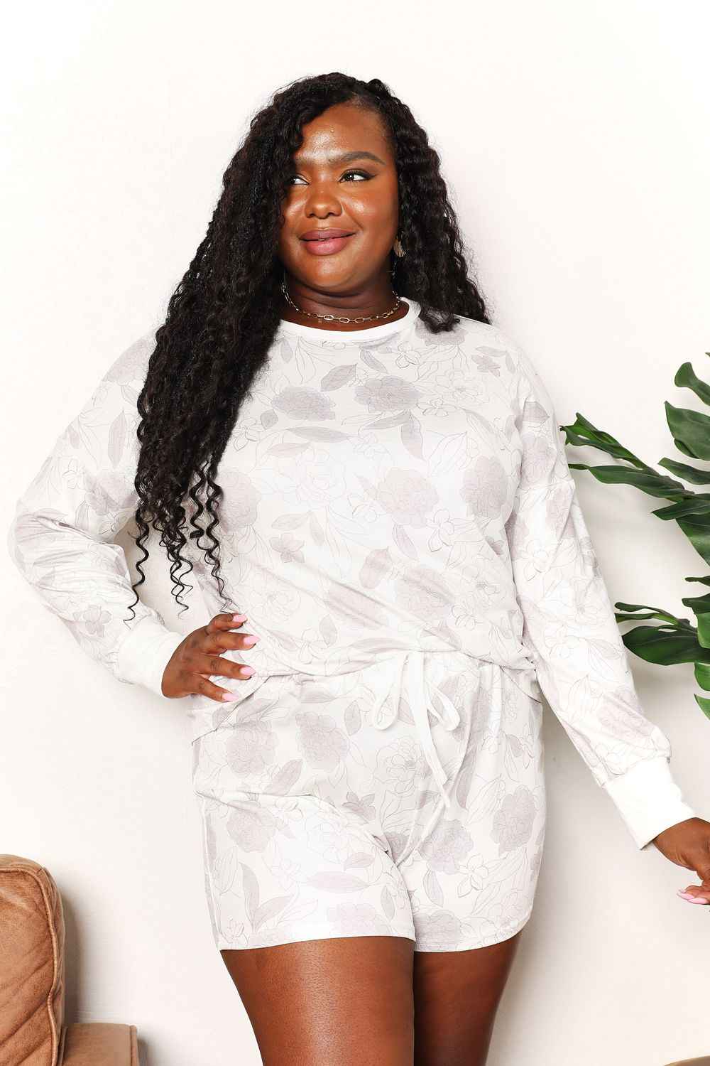 Double Take Floral Long Sleeve Top and Shorts Loungewear Set - Liorienne