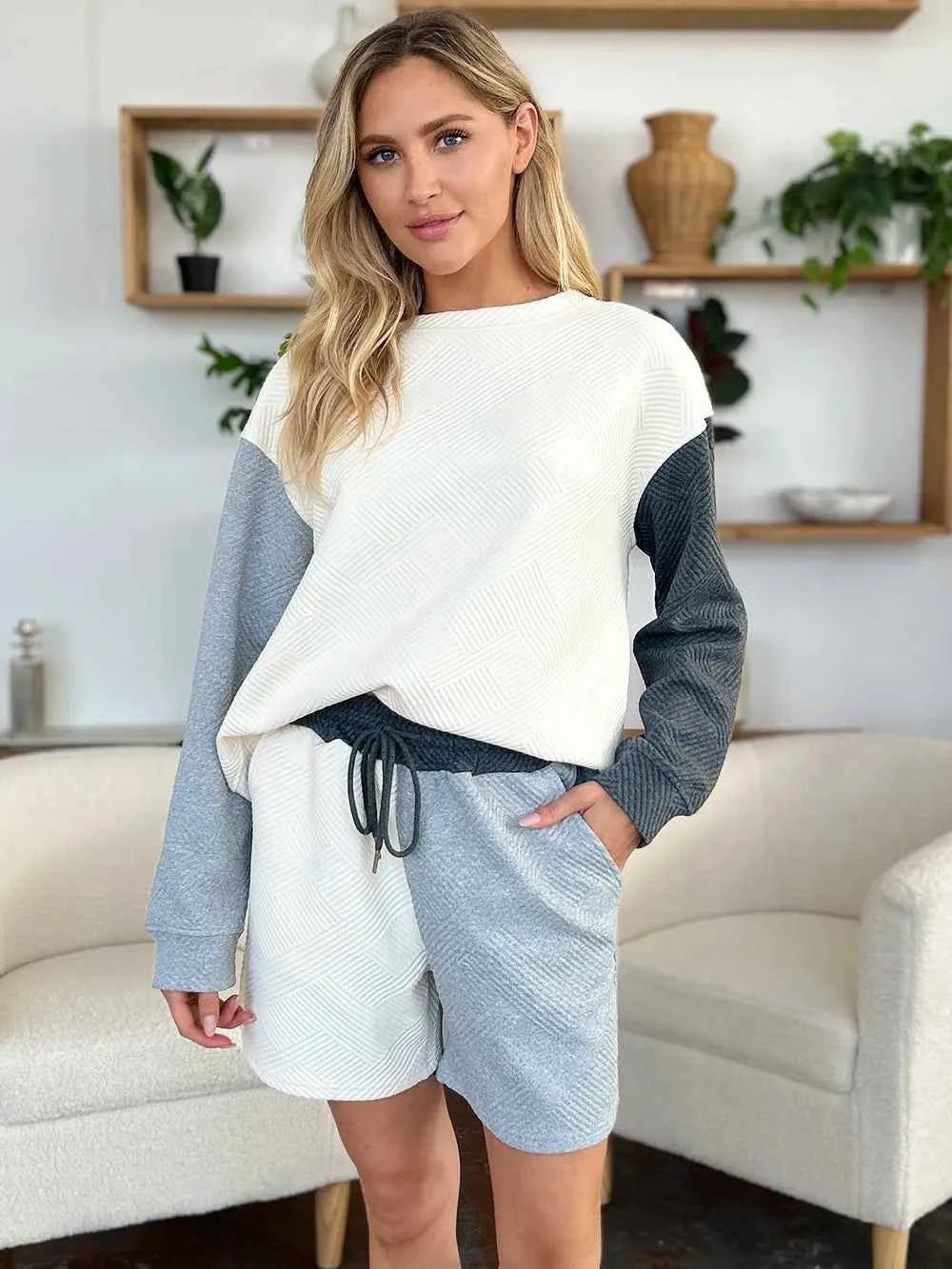 Double Take Full Size Contrast Drop Shoulder Top and Shorts Set - Liorienne