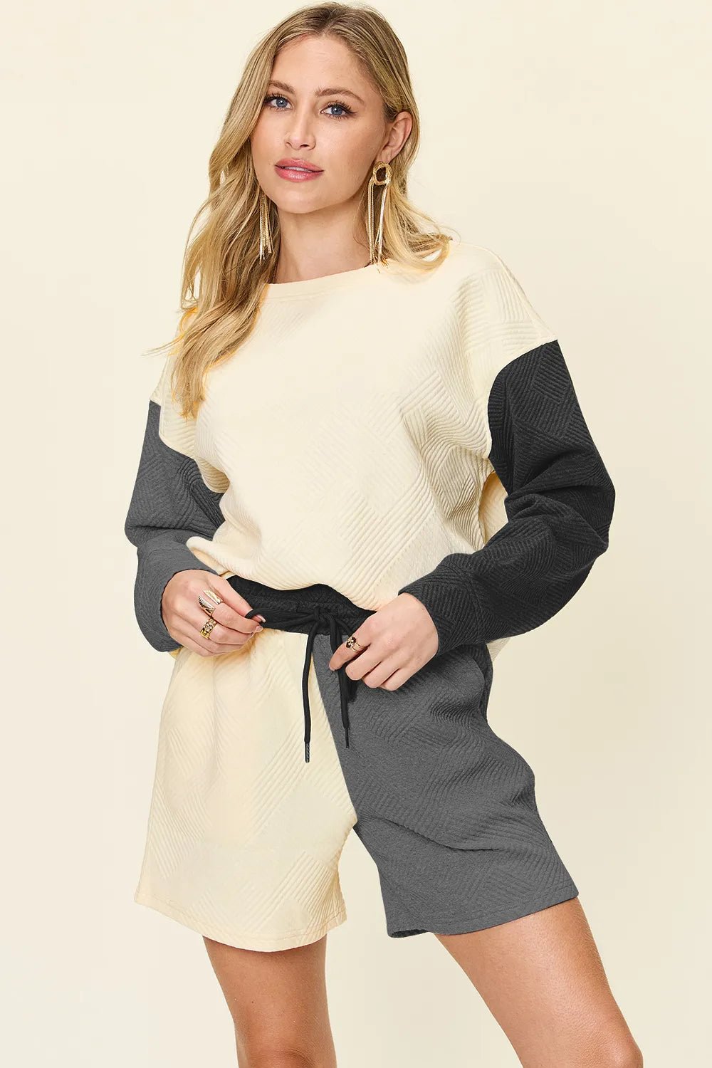 Double Take Full Size Contrast Drop Shoulder Top and Shorts Set - Liorienne