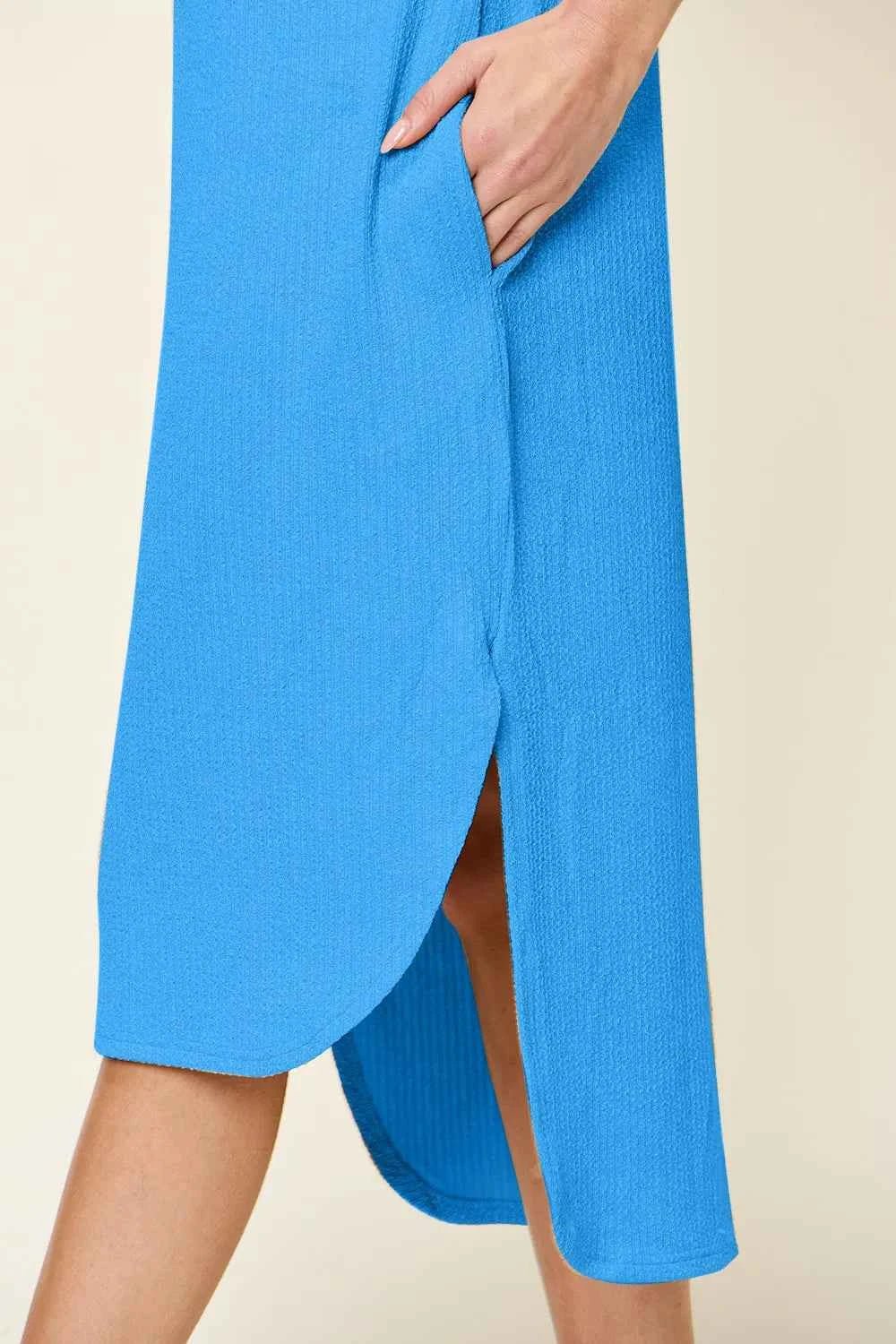 Double Take Full Size Round Neck Short Sleeve Slit Dress - Liorienne