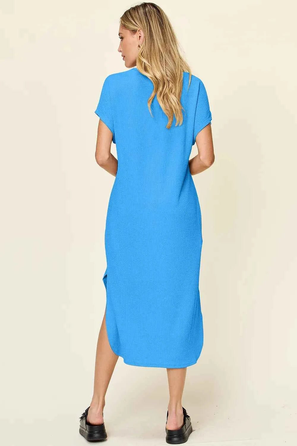 Double Take Full Size Round Neck Short Sleeve Slit Dress - Liorienne