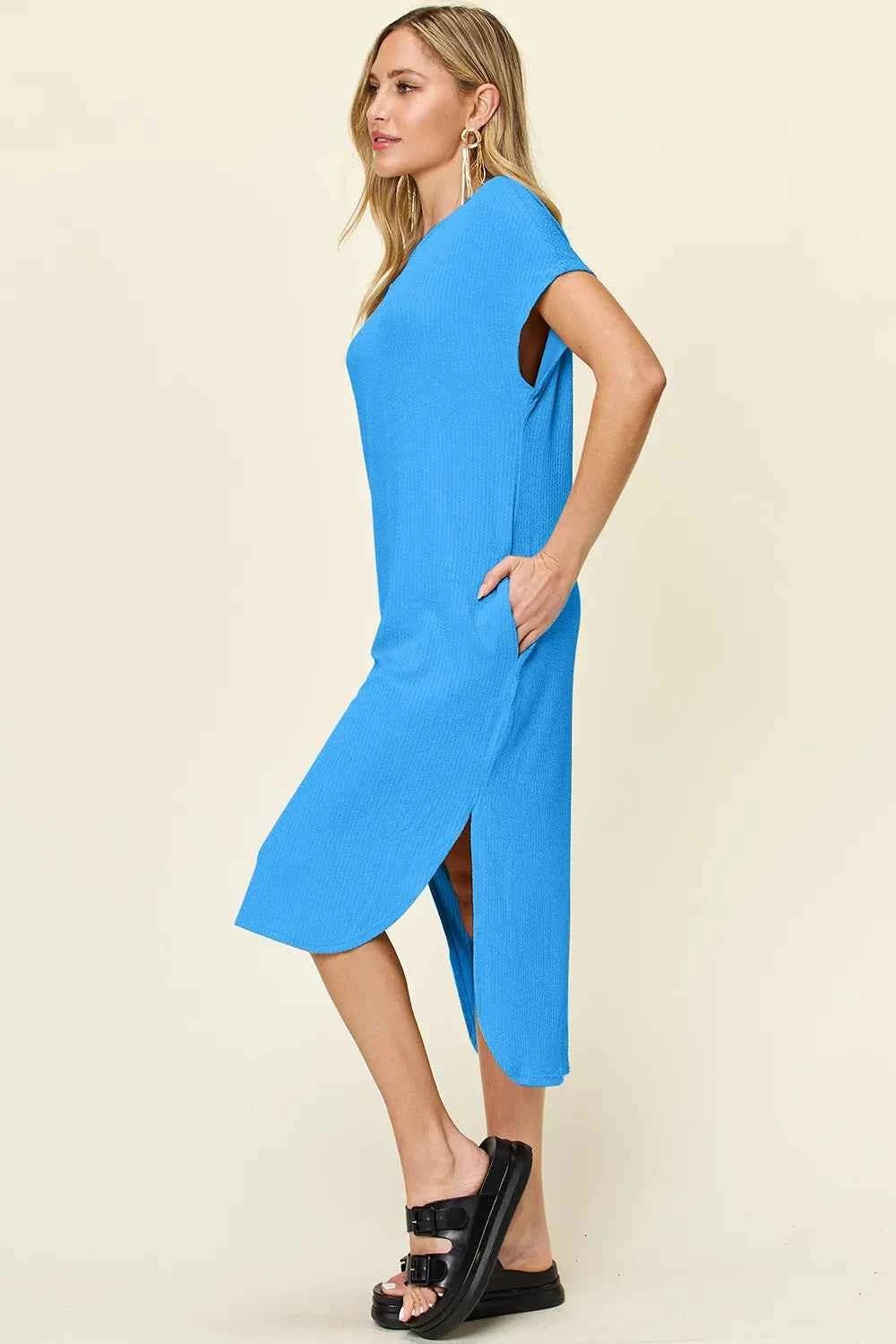 Double Take Full Size Round Neck Short Sleeve Slit Dress - Liorienne