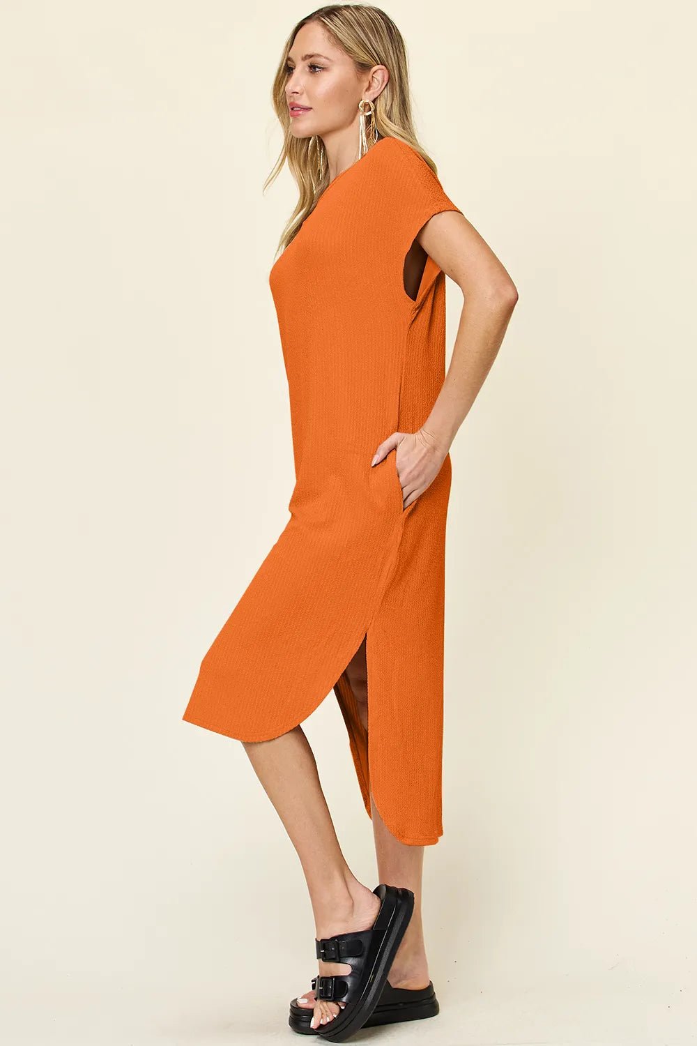 Double Take Full Size Round Neck Short Sleeve Slit Dress - Liorienne