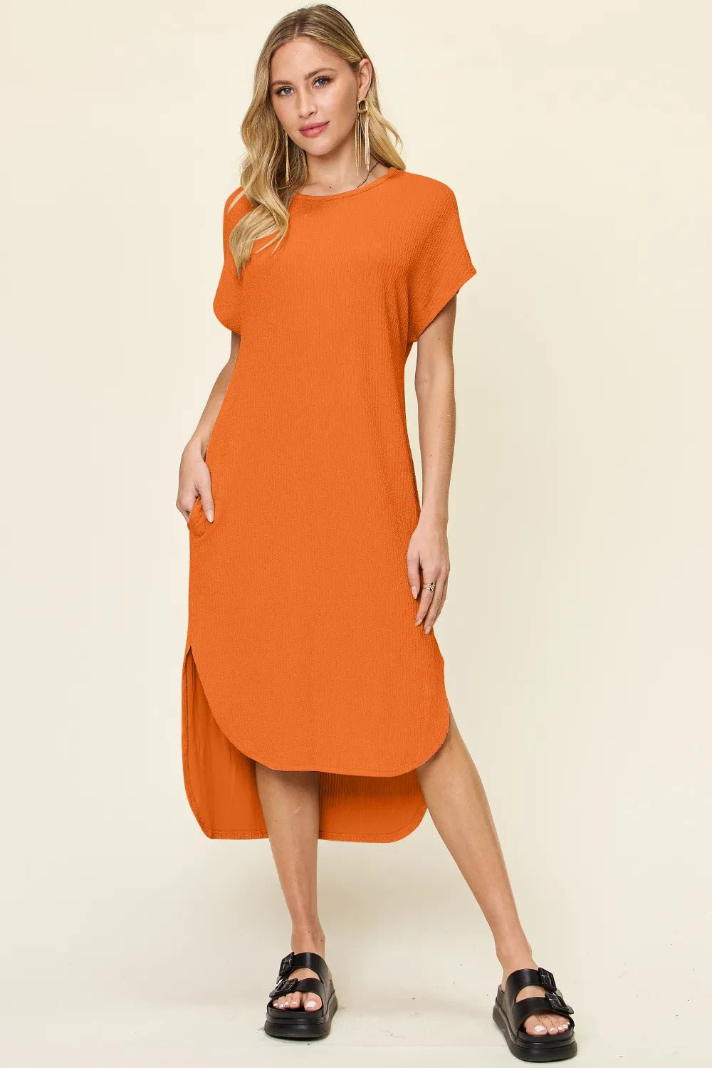 Double Take Full Size Round Neck Short Sleeve Slit Dress - Liorienne