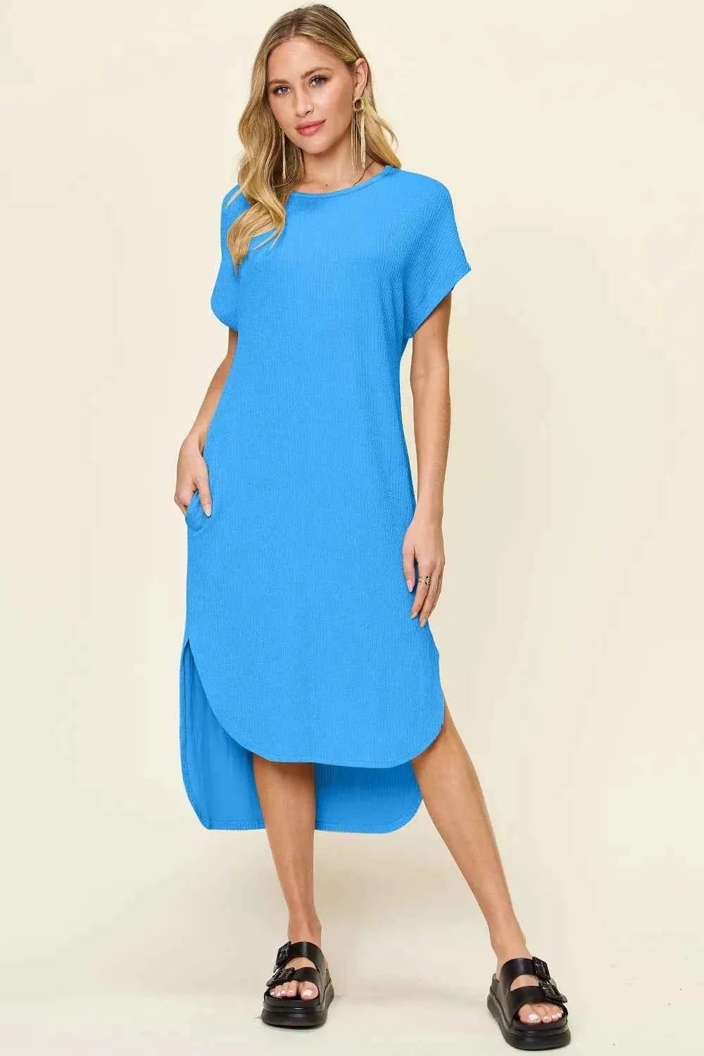 Double Take Full Size Round Neck Short Sleeve Slit Dress - Liorienne