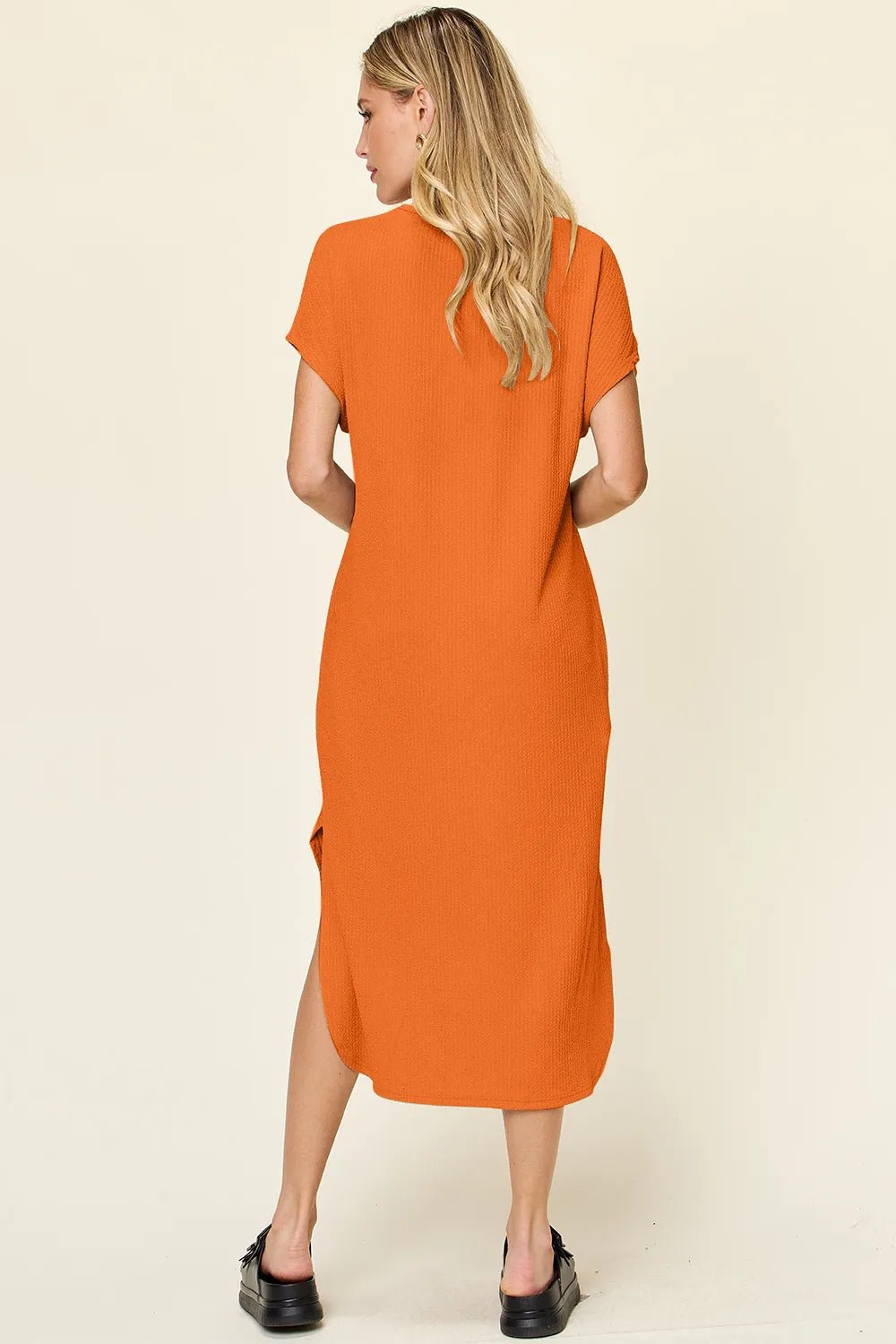 Double Take Full Size Round Neck Short Sleeve Slit Dress - Liorienne