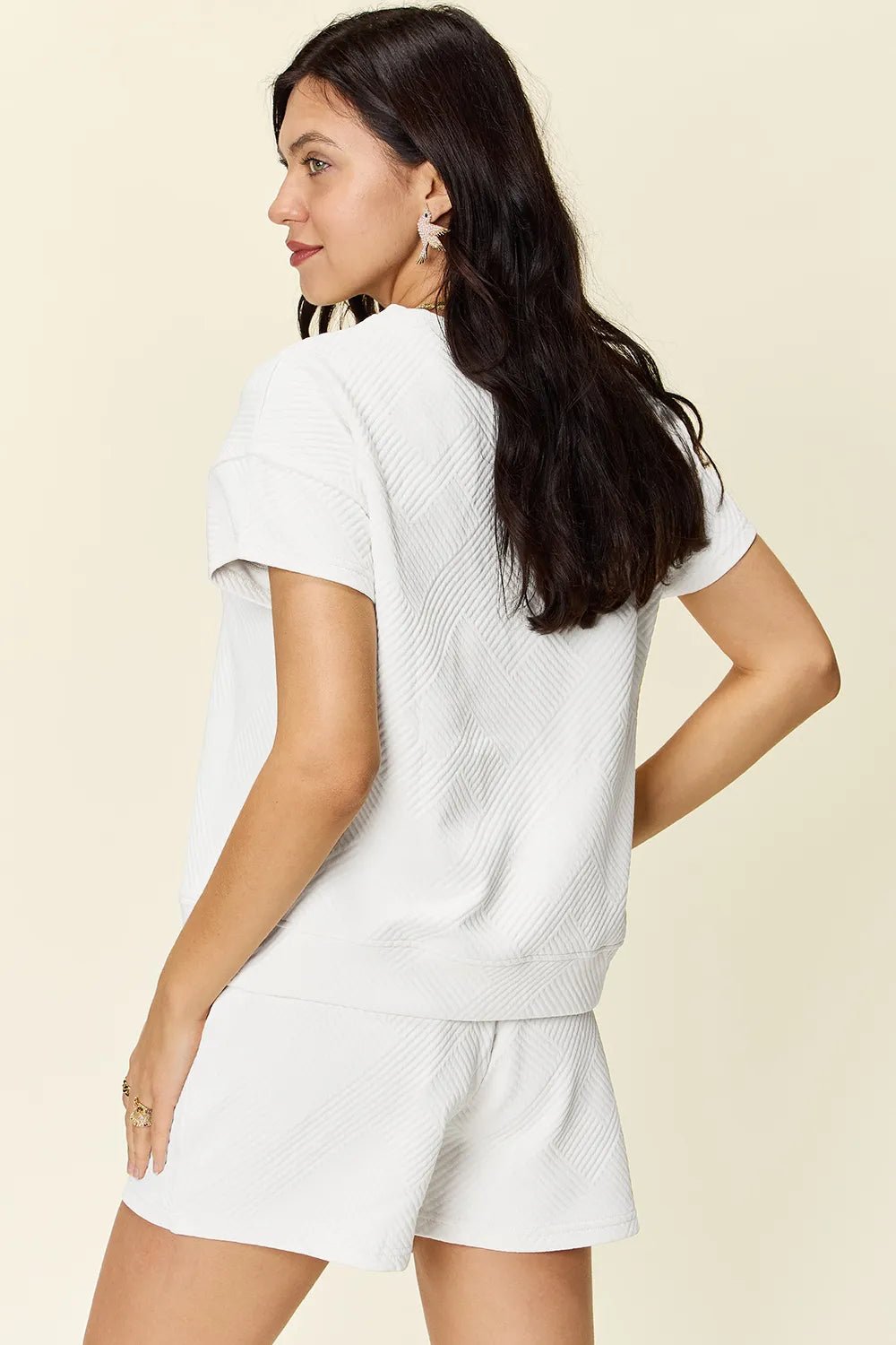 Double Take Full Size Texture Short Sleeve T-Shirt and Drawstring Shorts Set - Liorienne
