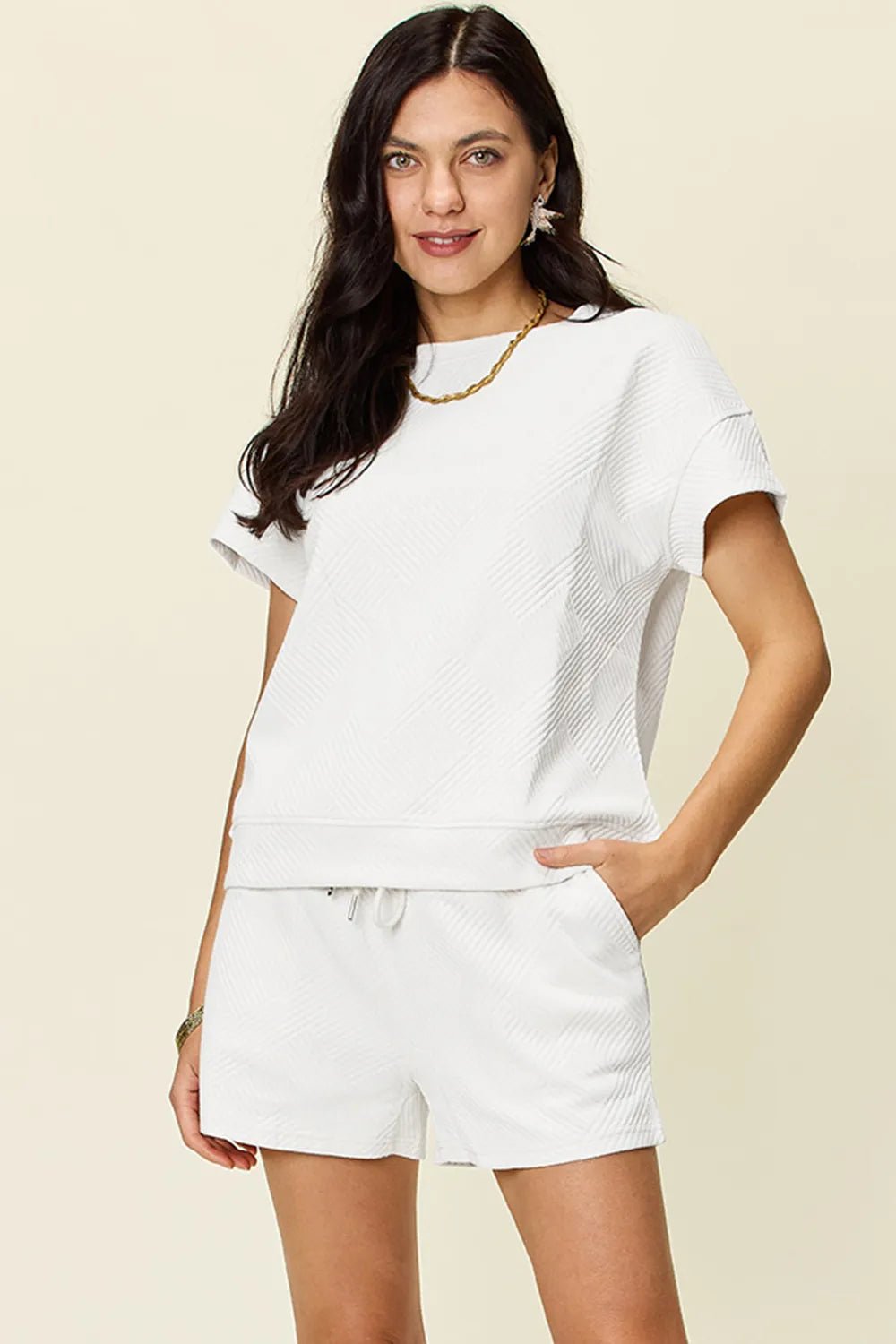 Double Take Full Size Texture Short Sleeve T-Shirt and Drawstring Shorts Set - Liorienne
