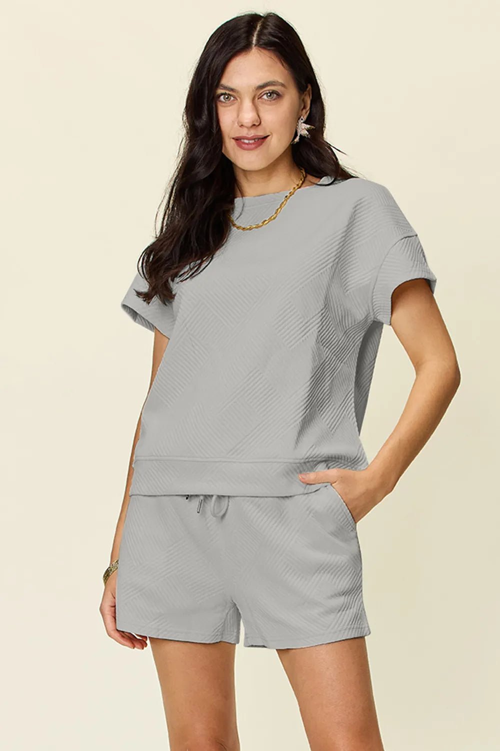 Double Take Full Size Texture Short Sleeve T-Shirt and Drawstring Shorts Set - Liorienne