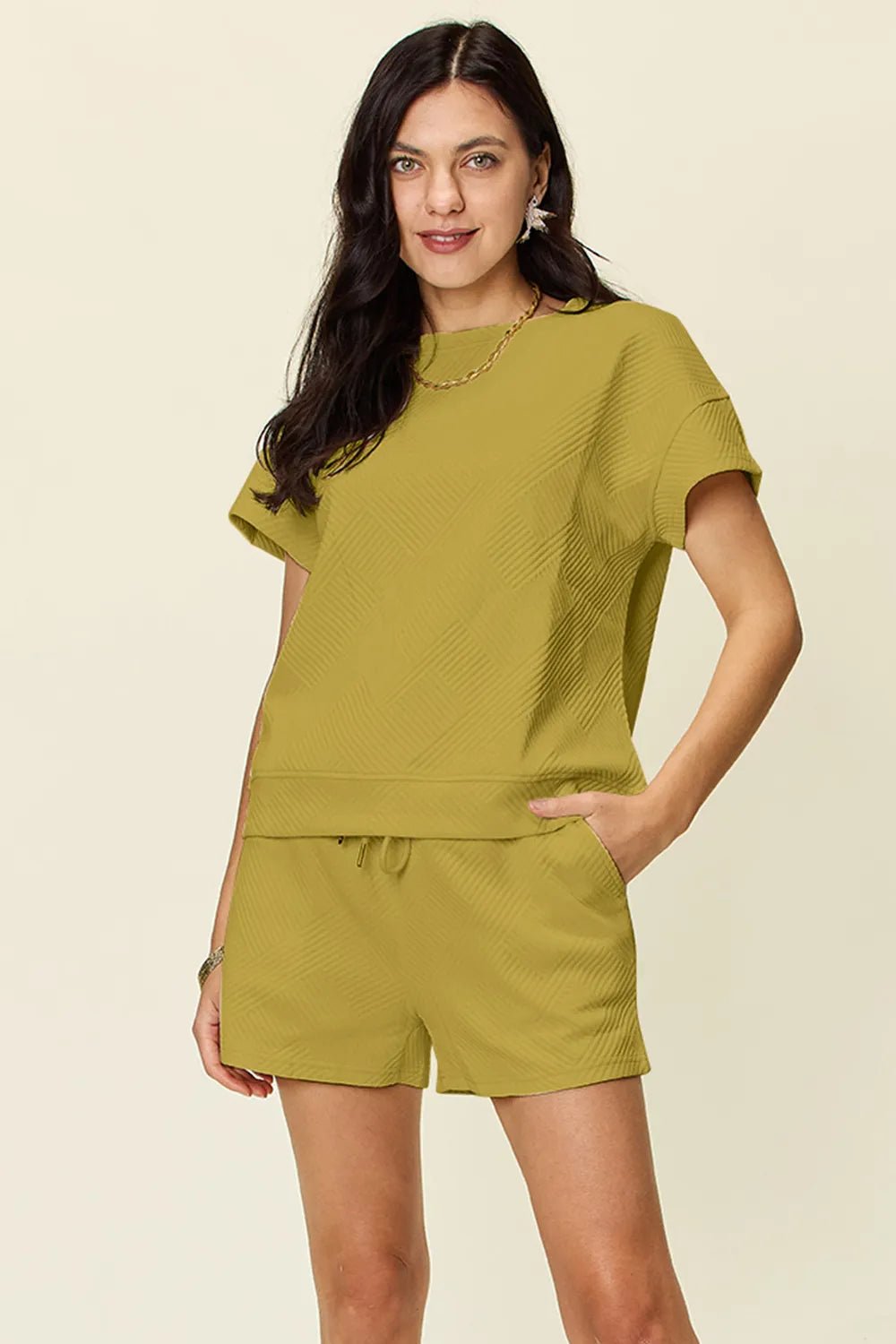 Double Take Full Size Texture Short Sleeve T-Shirt and Drawstring Shorts Set - Liorienne