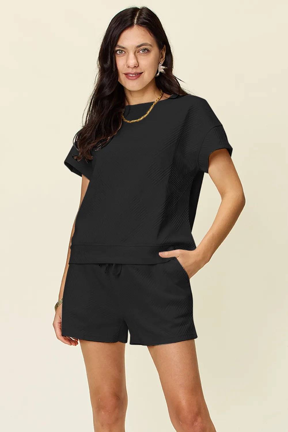Double Take Full Size Texture Short Sleeve T-Shirt and Drawstring Shorts Set - Liorienne