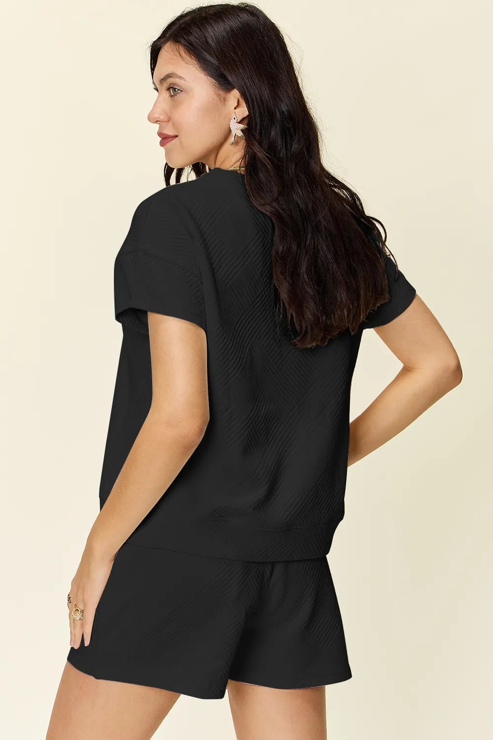 Double Take Full Size Texture Short Sleeve T-Shirt and Drawstring Shorts Set - Liorienne