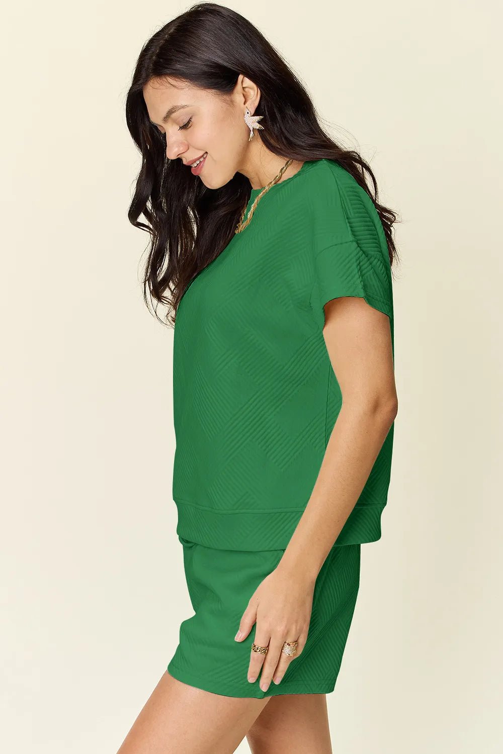 Double Take Full Size Texture Short Sleeve T-Shirt and Drawstring Shorts Set - Liorienne