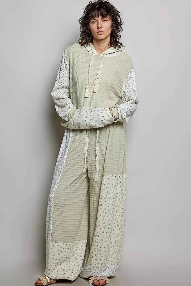 POL Patchwork Mixed Knit Wide Leg Pants
