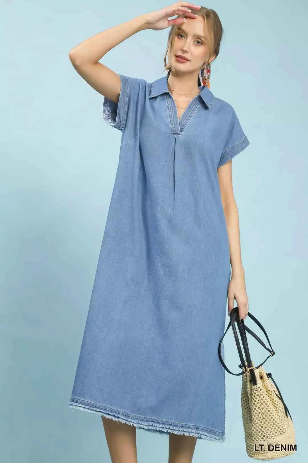 Umgee Stone Washed Collared Denim Midi Dress