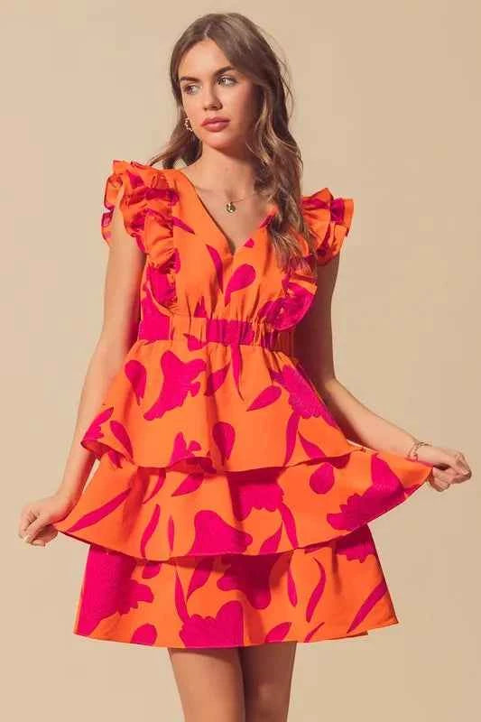 SO ME Floral V Neck Layered Dress with Elasticized Waist