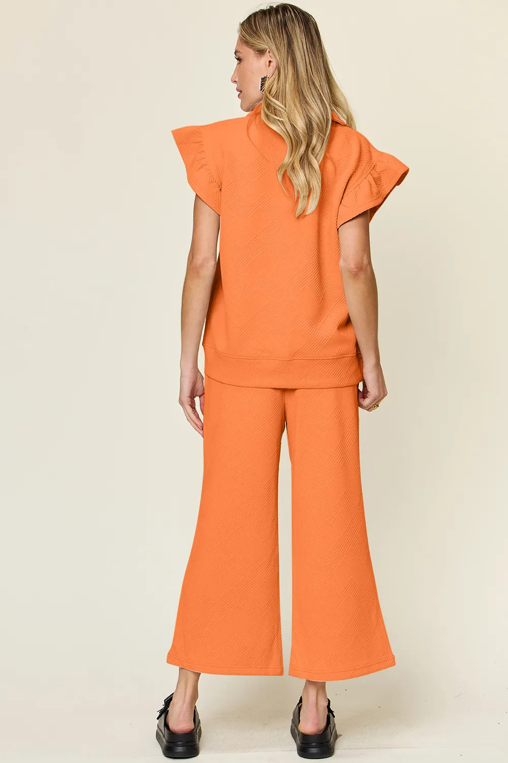 Texture Ruffle Top and Wide Leg Pants Set - Double Take