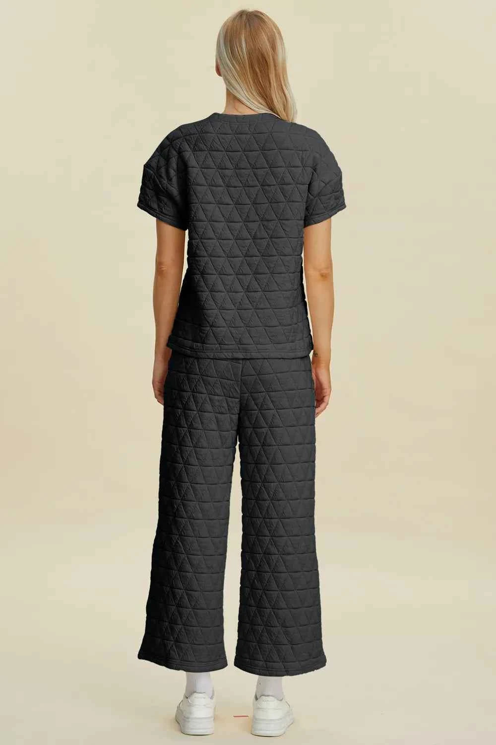 Texture Round Neck Short Sleeve Top and Pants Set - Double Take